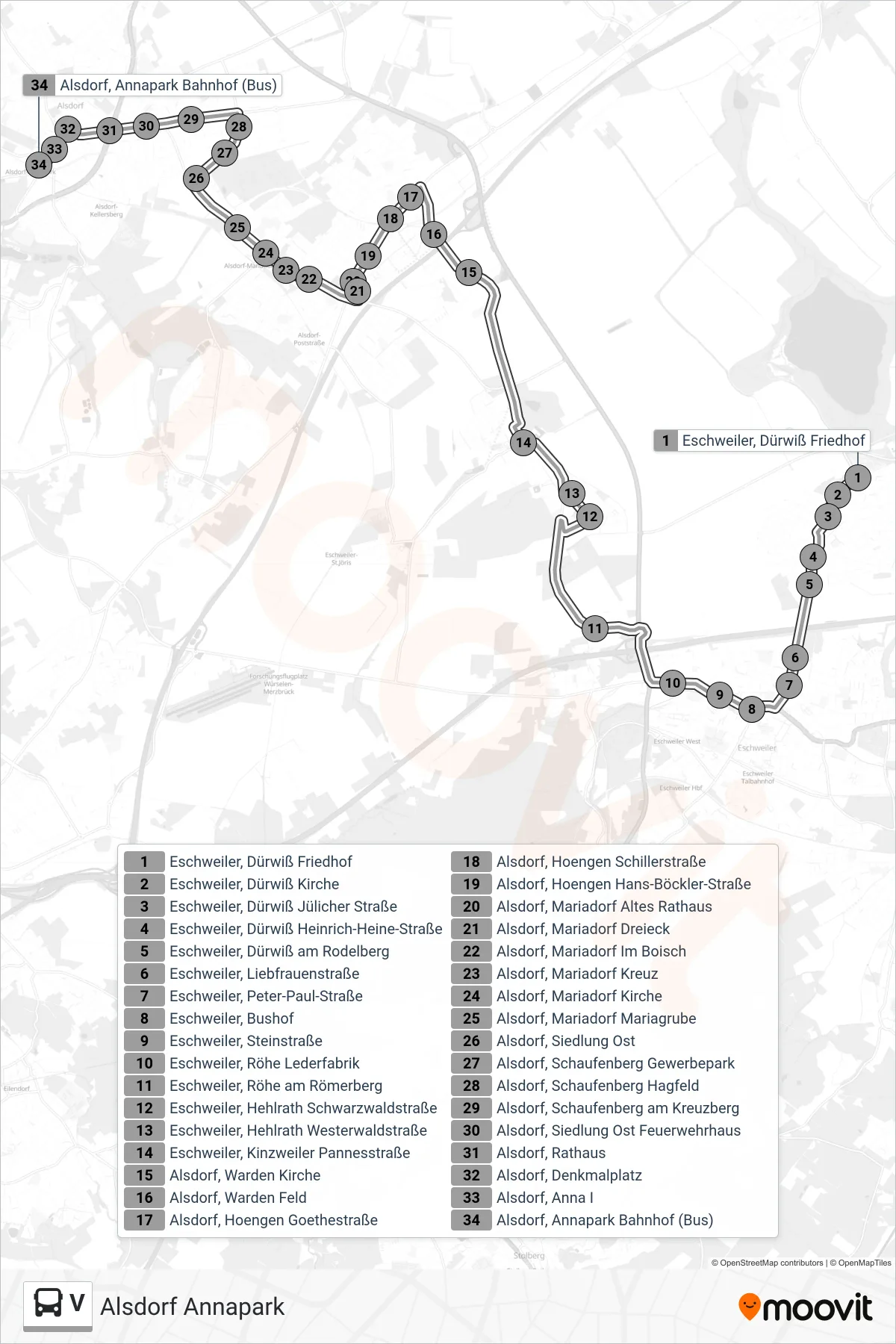 Linie V (Bus) Richtung Alsdorf Annapark: Route und Haltestellen auf der Karte