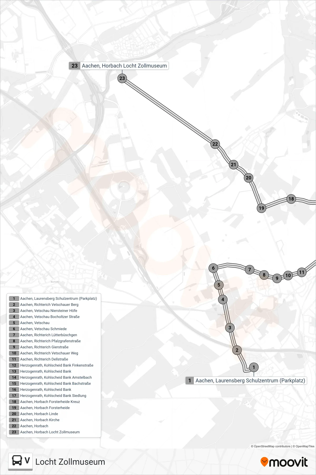 Linie V (Bus) Richtung Locht Zollmuseum: Route und Haltestellen auf der Karte