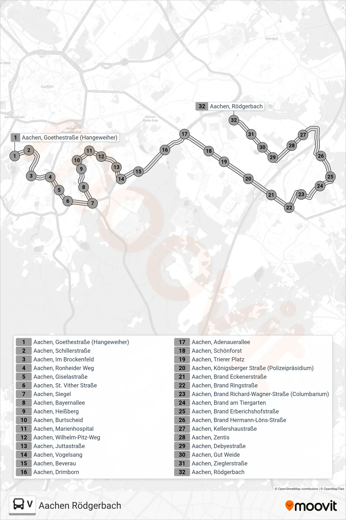 V bus Line (Aachen Rödgerbach) route and stops on a map