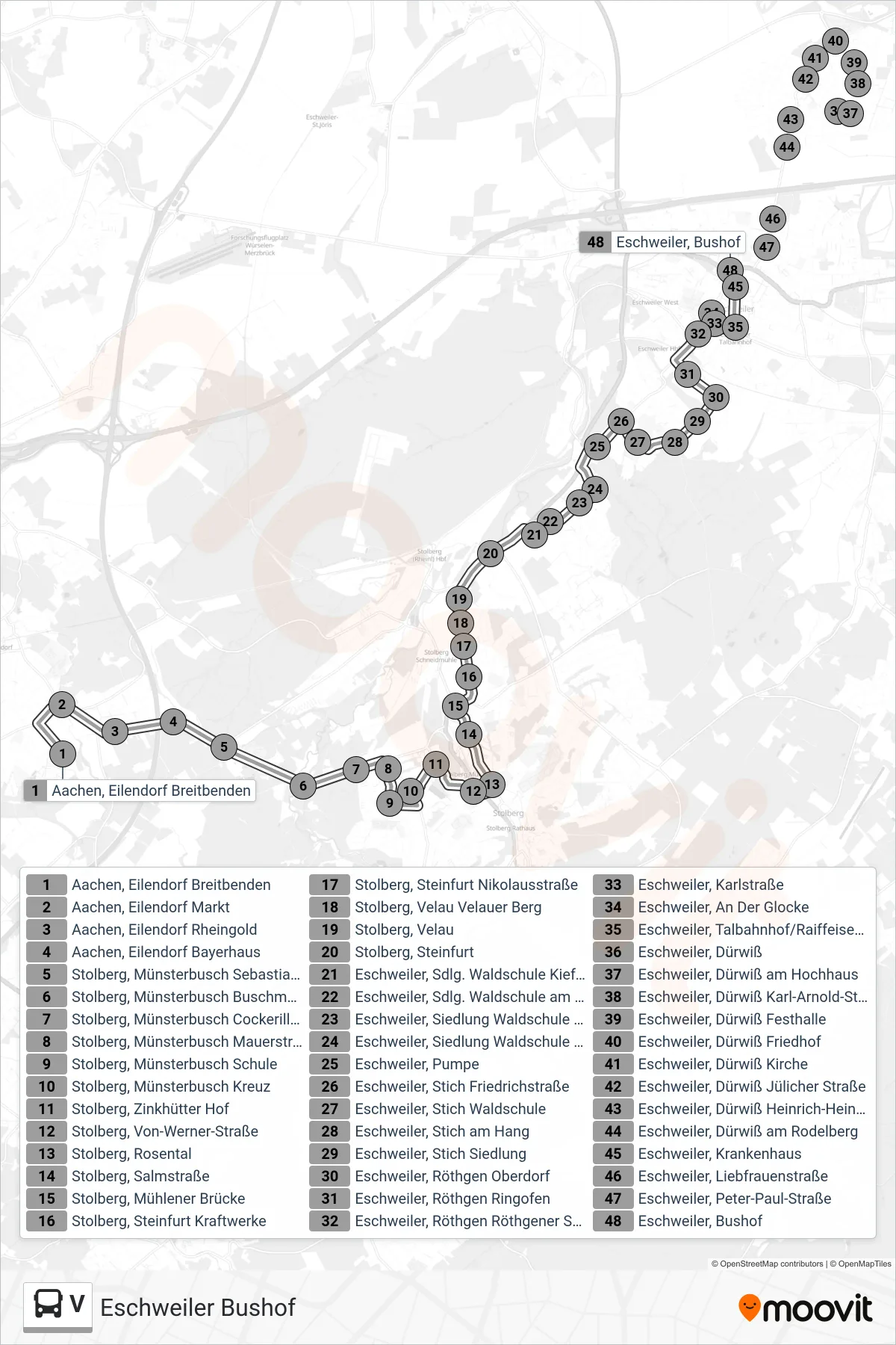 V bus Line (Eschweiler Bushof) route and stops on a map