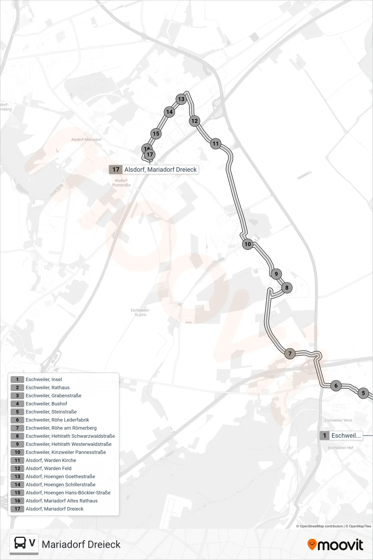 V bus Line (Mariadorf Dreieck) route and stops on a map