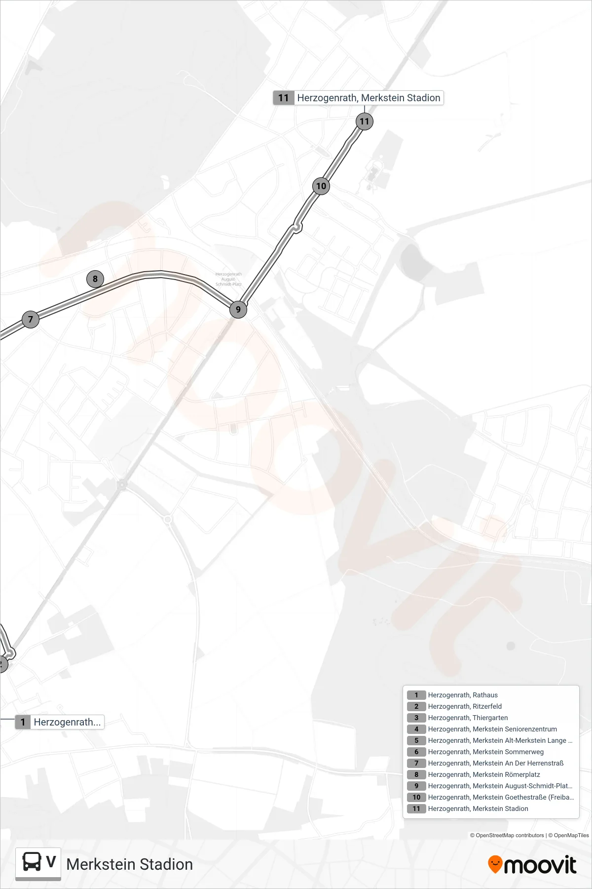 V bus Line (Merkstein Stadion) route and stops on a map
