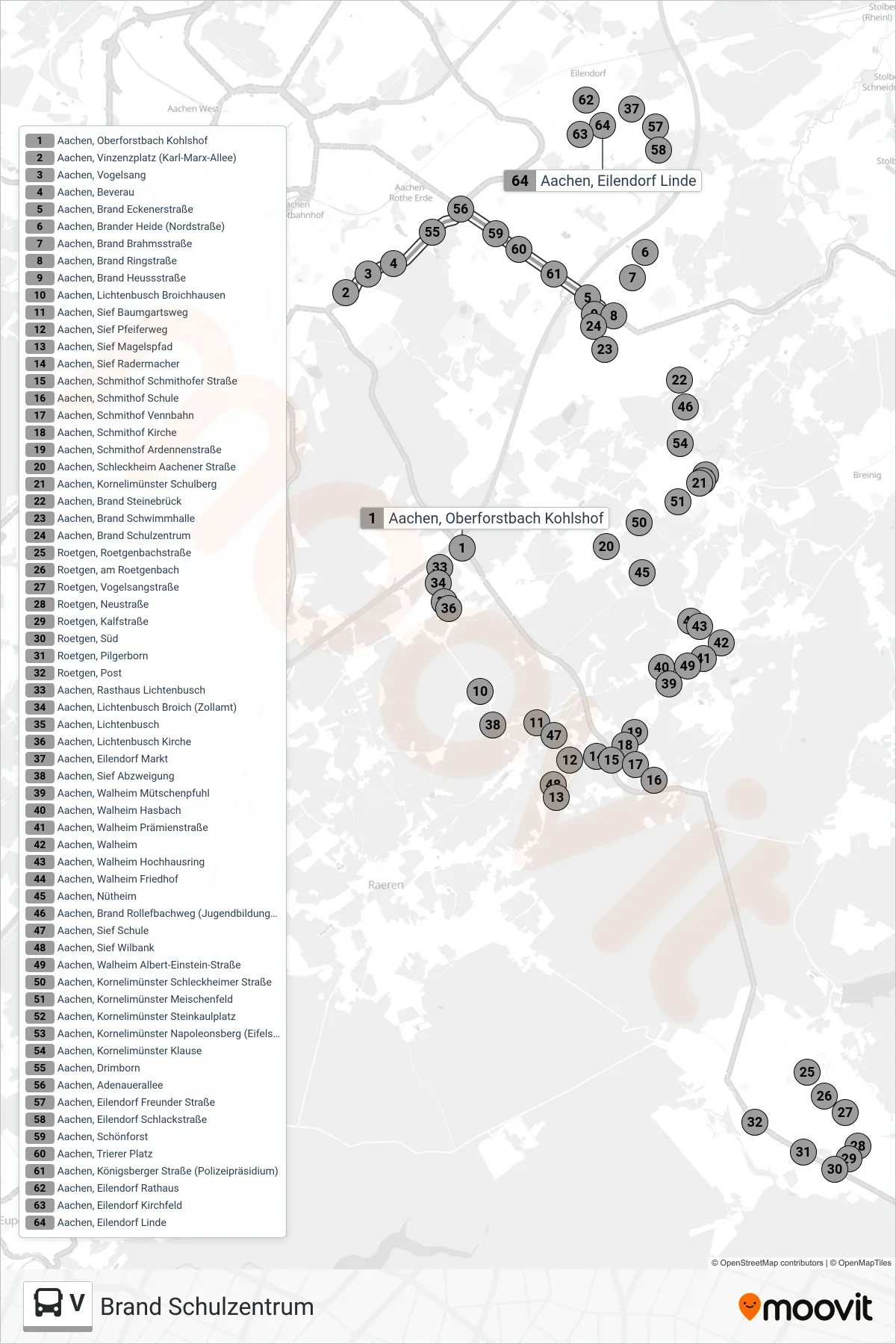 V bus Line (Brand Schulzentrum) route and stops on a map