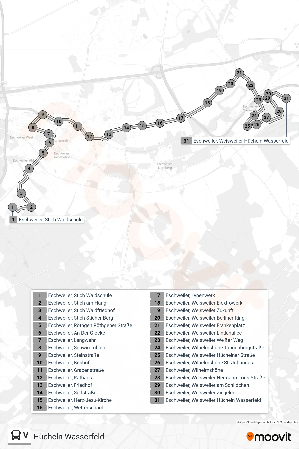 V bus Line (Hücheln Wasserfeld) route and stops on a map