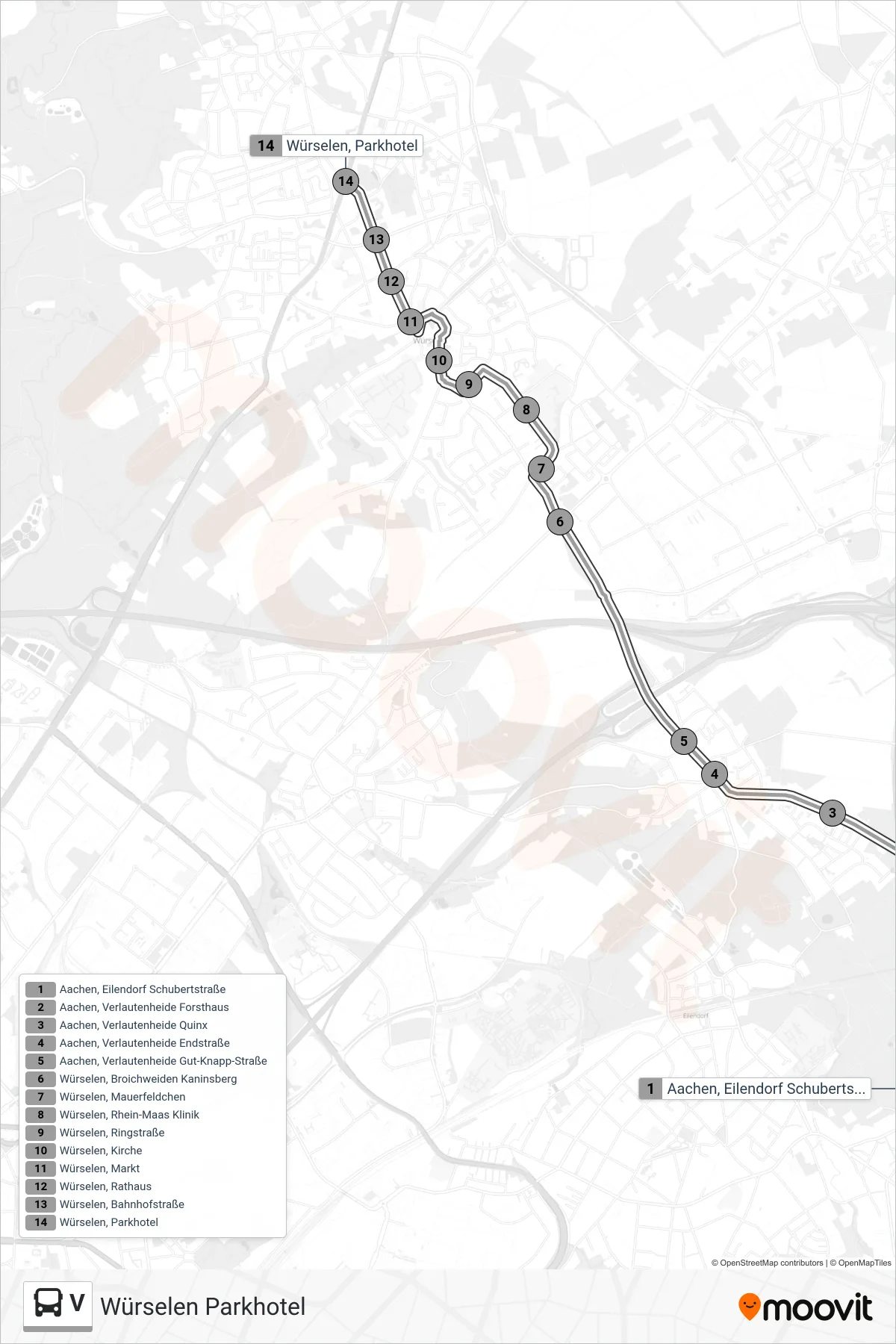 V bus Line (Würselen Parkhotel) route and stops on a map