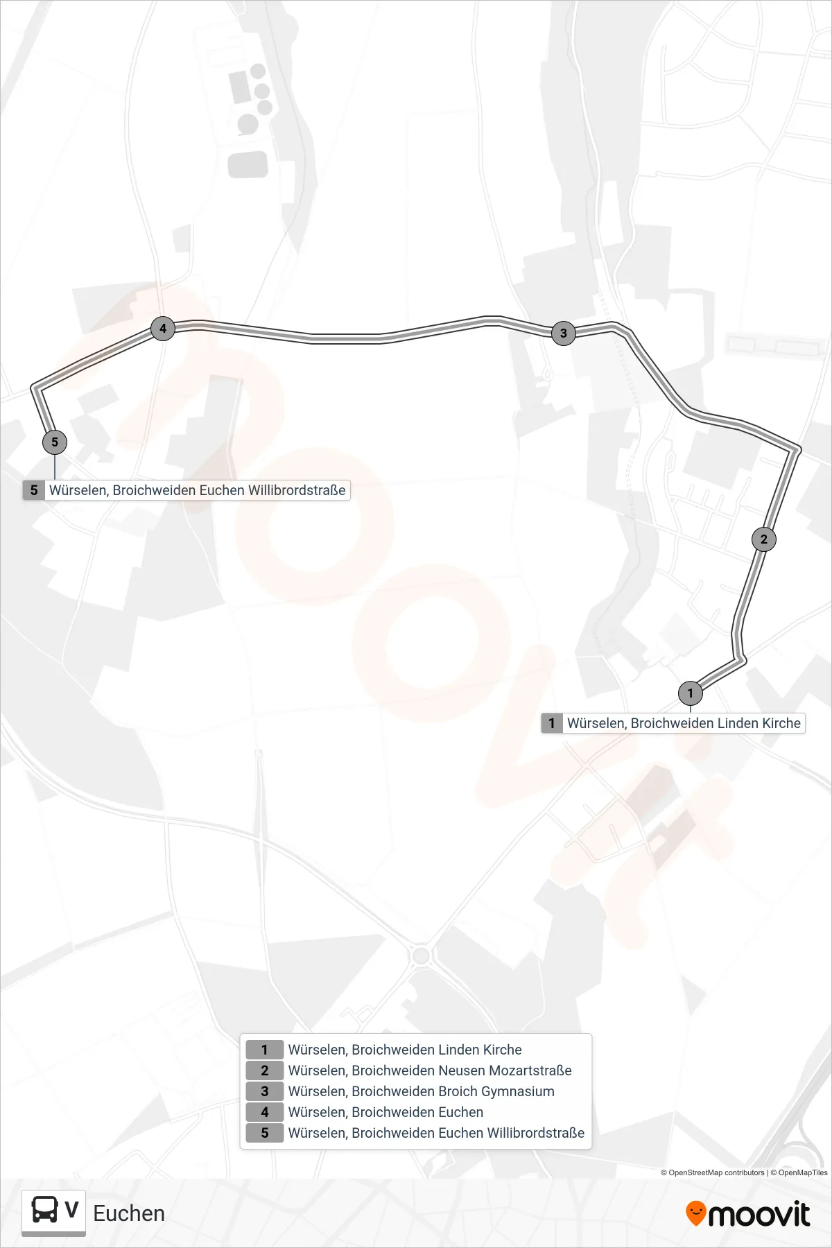 V bus Line (Euchen) route and stops on a map