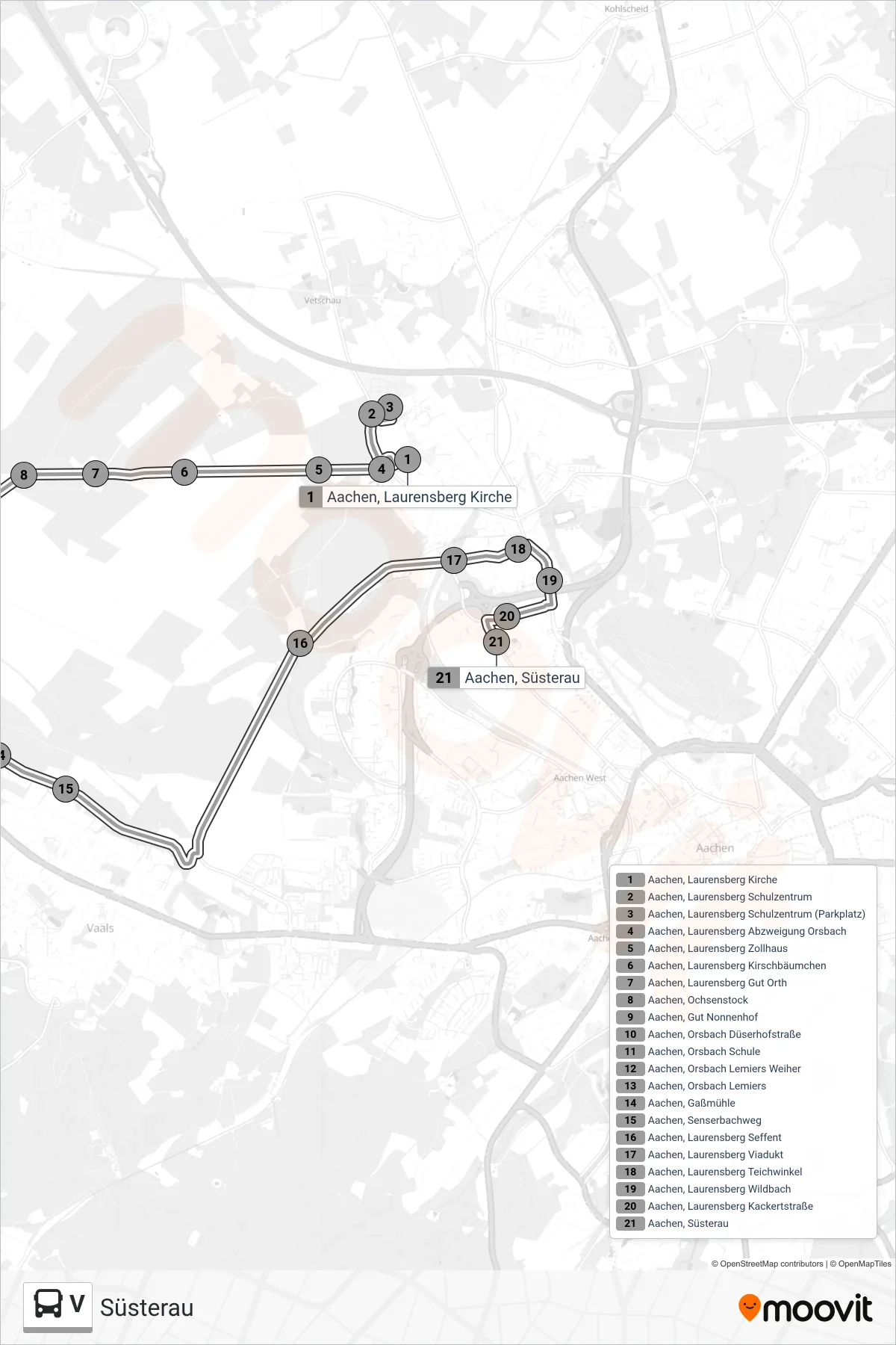 V bus Line (Süsterau) route and stops on a map