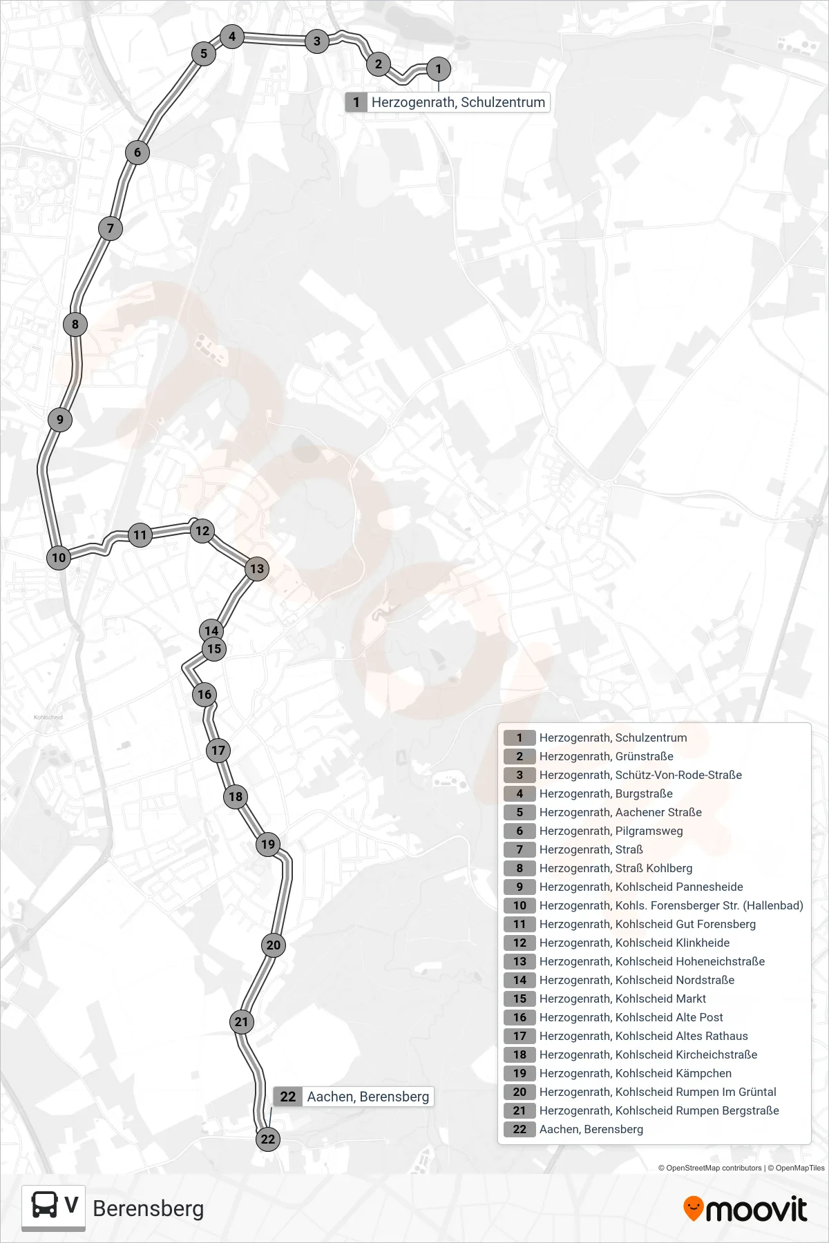 V bus Line (Berensberg) route and stops on a map