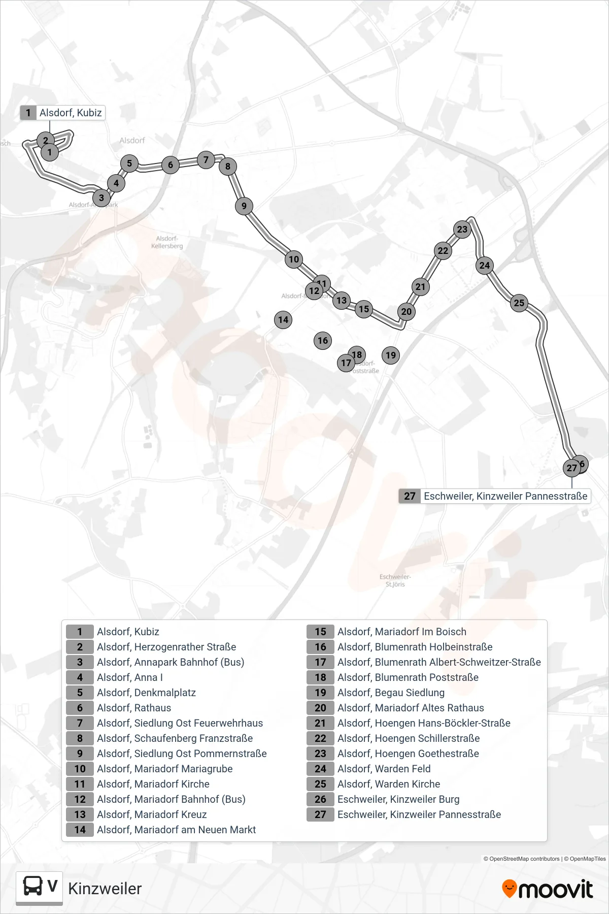 V bus Line (Kinzweiler) route and stops on a map