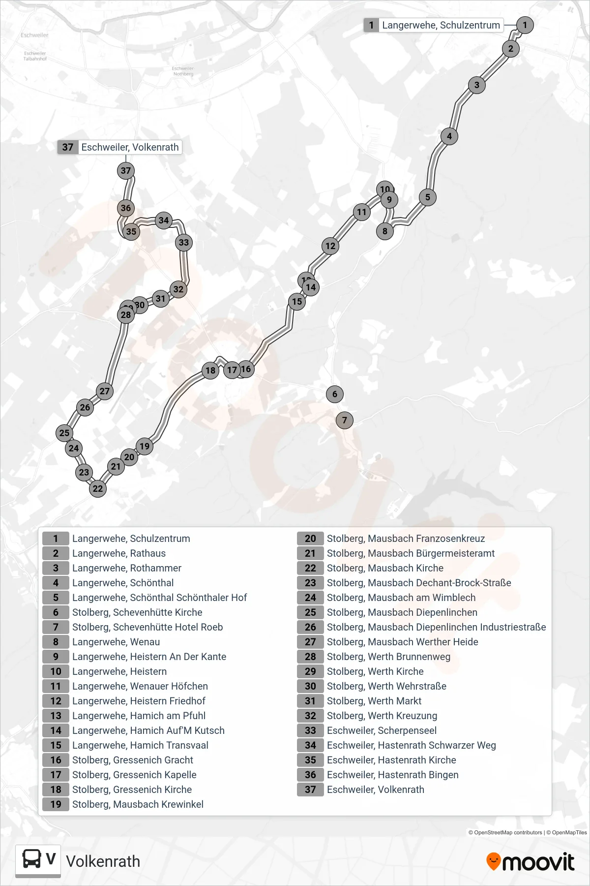 Linie V (Bus) Richtung Volkenrath: Route und Haltestellen auf der Karte