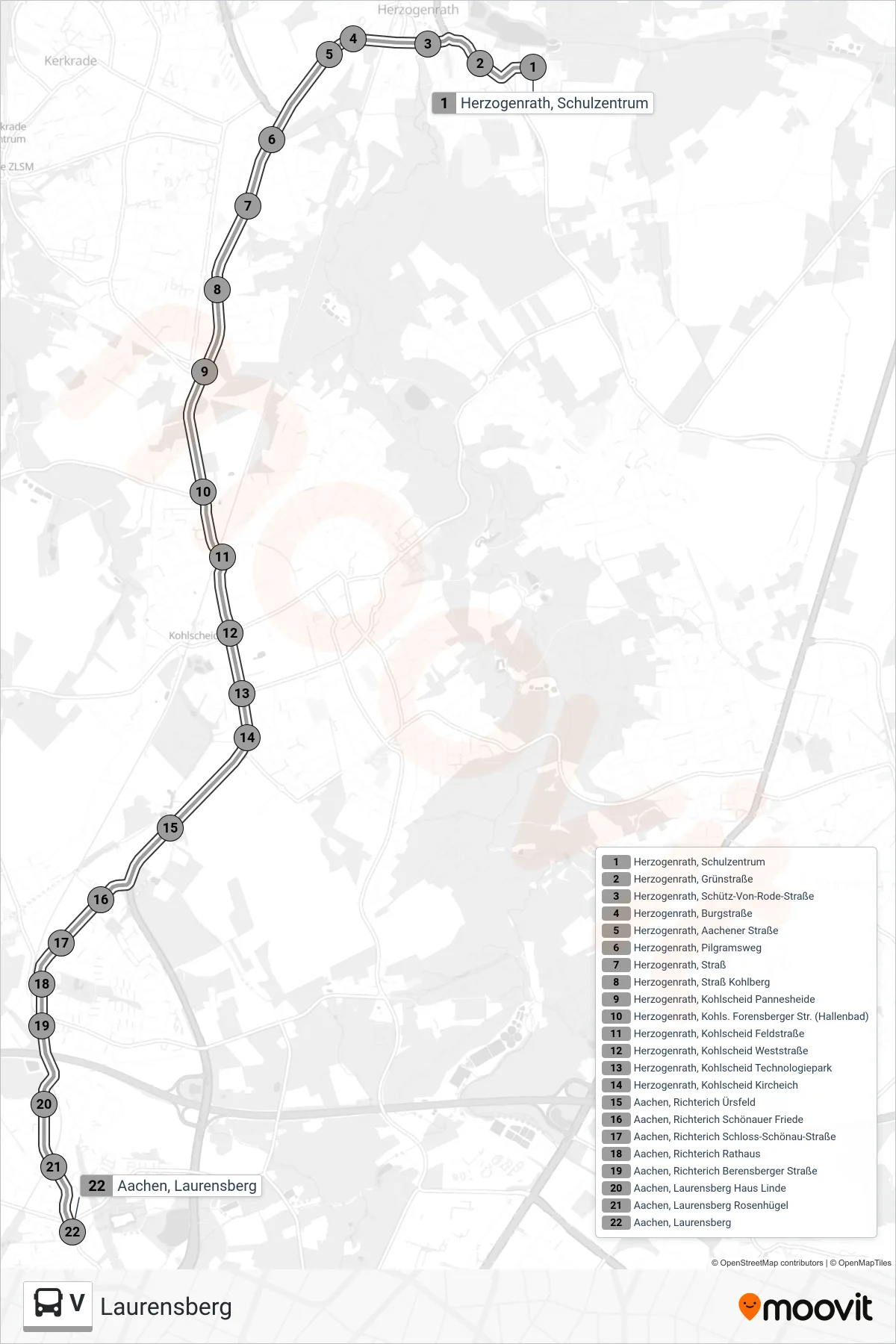 V bus Line (Laurensberg) route and stops on a map