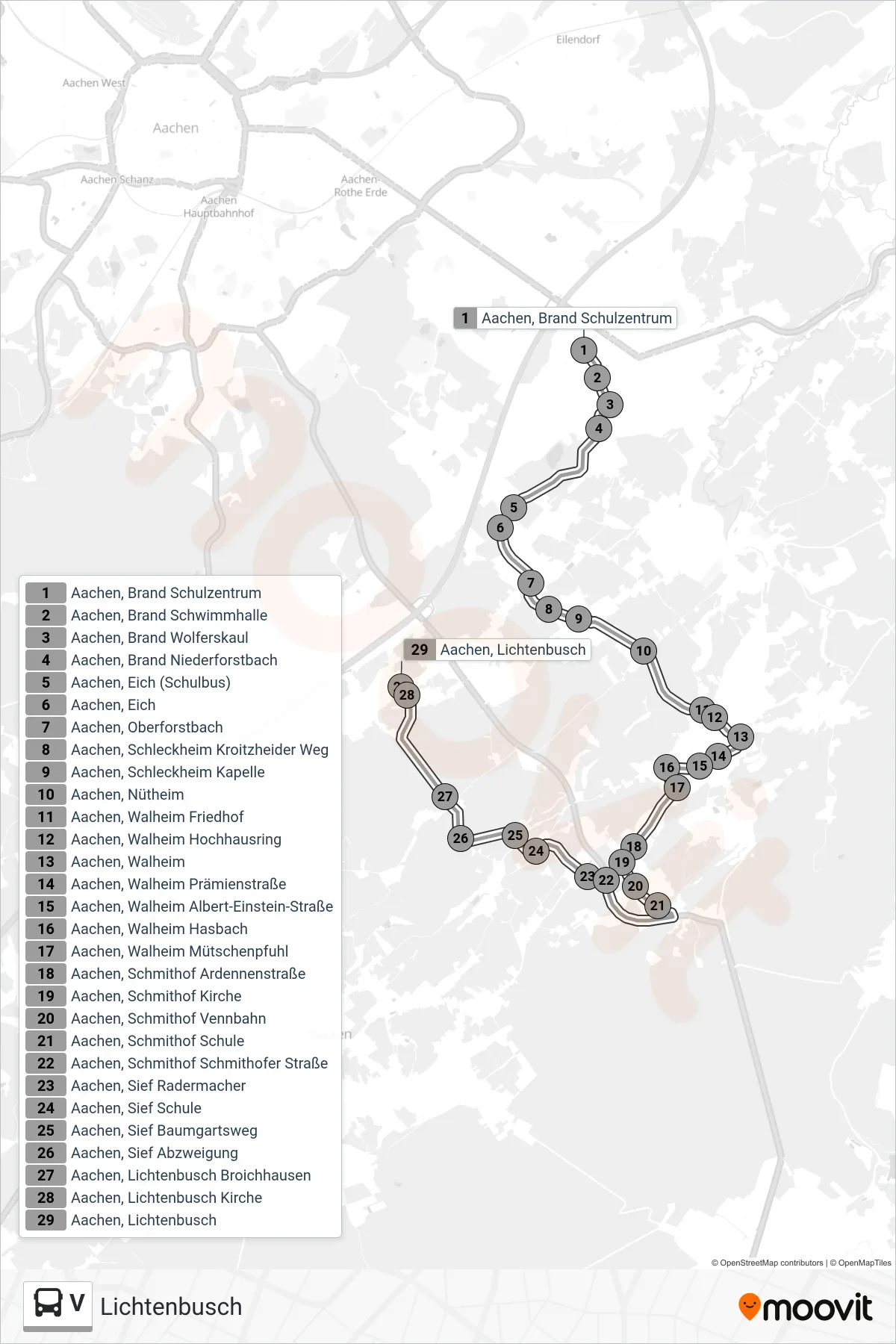 Linie V (Bus) Richtung Lichtenbusch: Route und Haltestellen auf der Karte