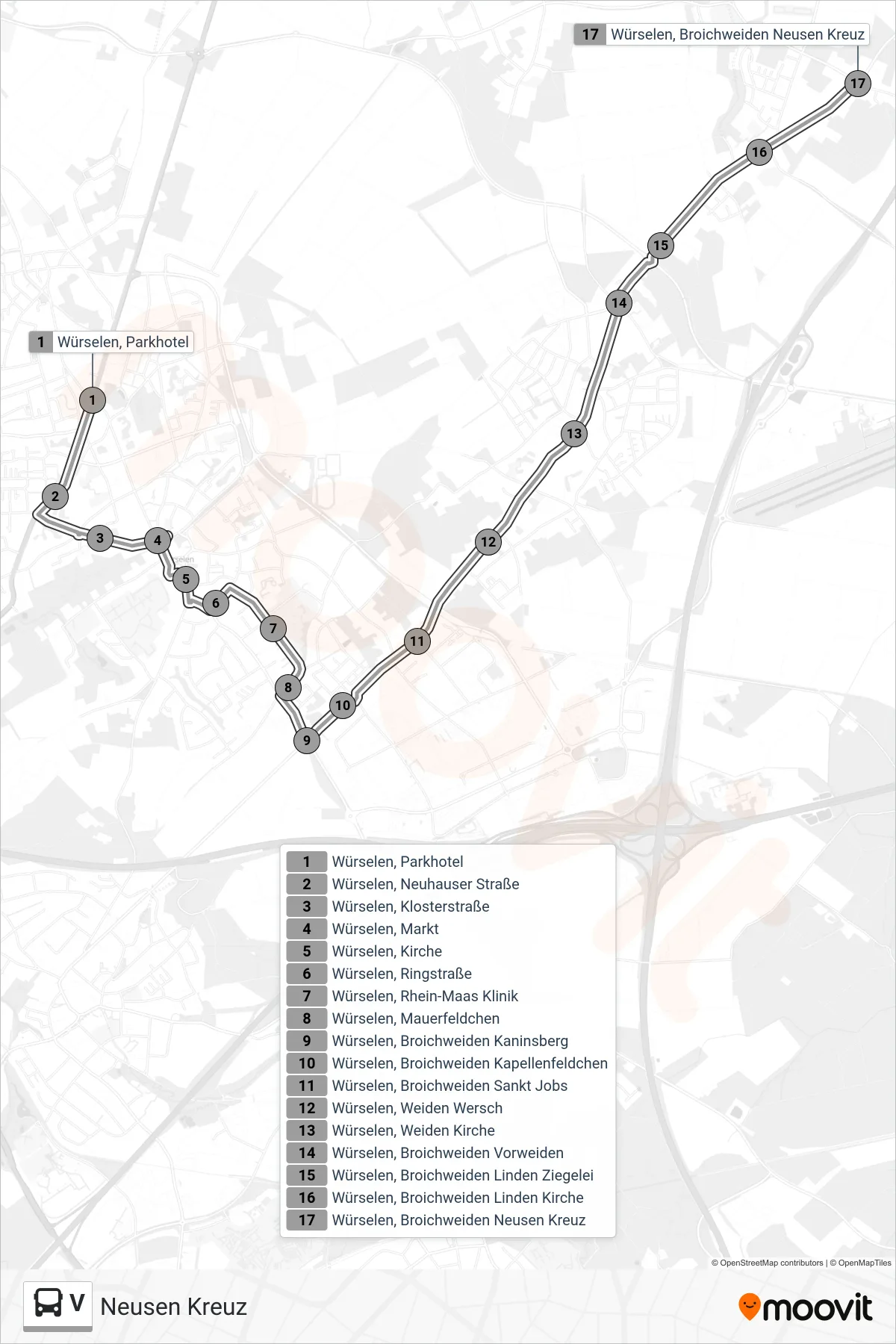 Linie V (Bus) Richtung Neusen Kreuz: Route und Haltestellen auf der Karte