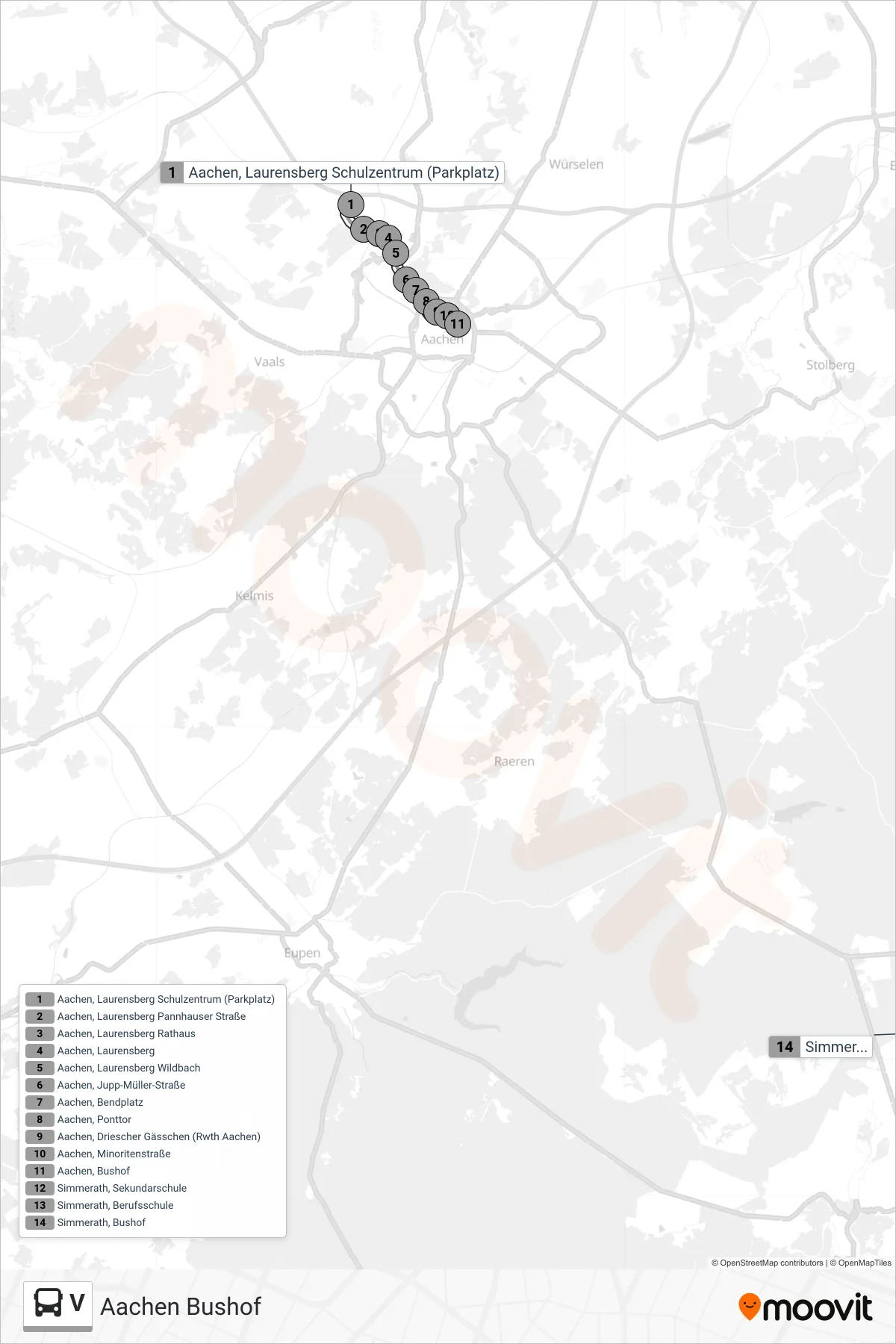 V bus Line (Aachen Bushof) route and stops on a map