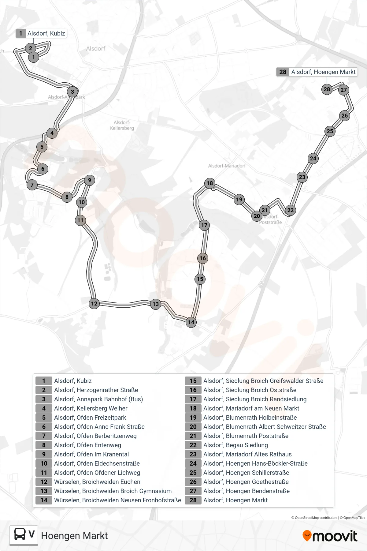 Linie V (Bus) Richtung Hoengen Markt: Route und Haltestellen auf der Karte