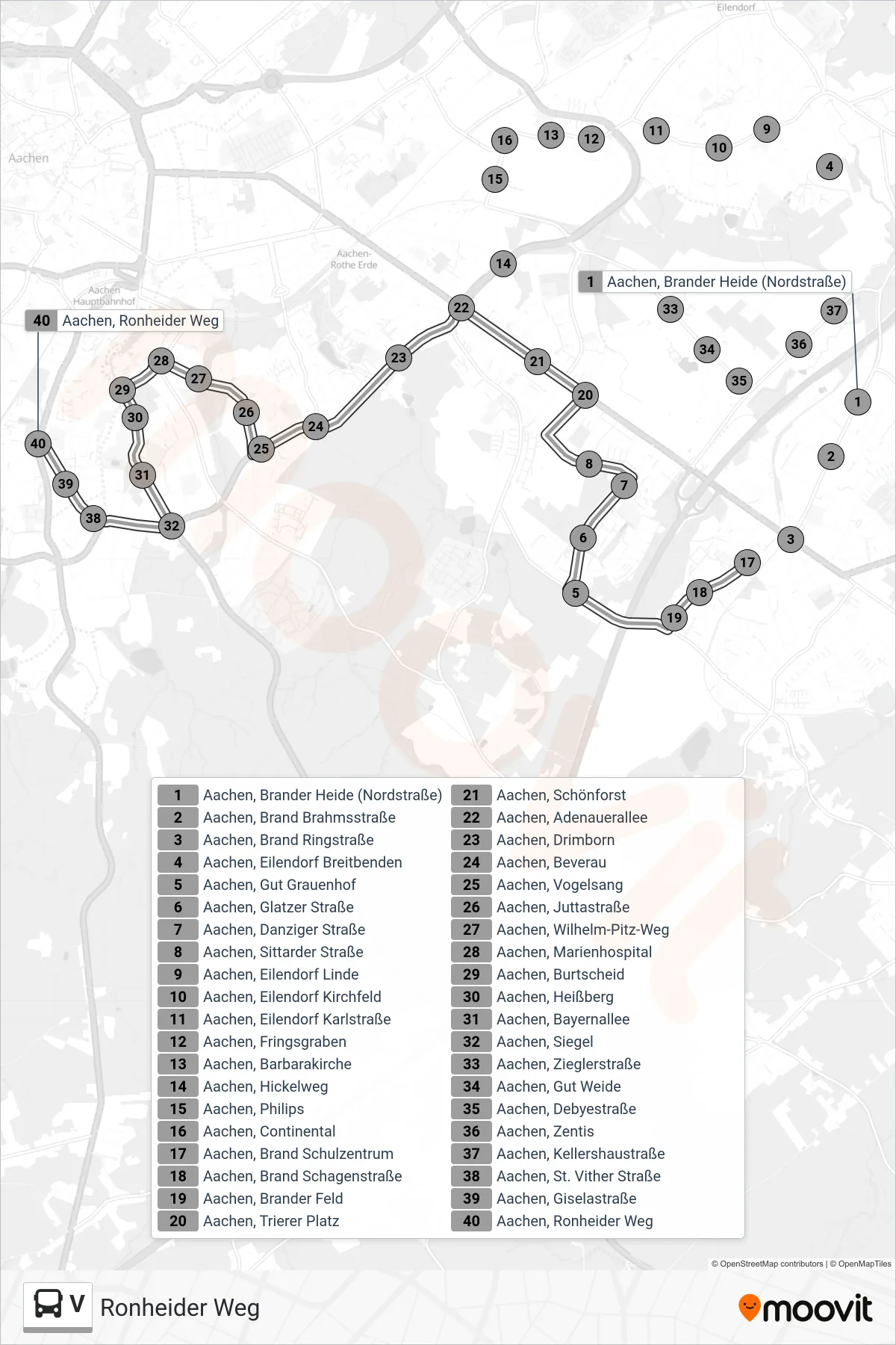 V bus Line (Ronheider Weg) route and stops on a map