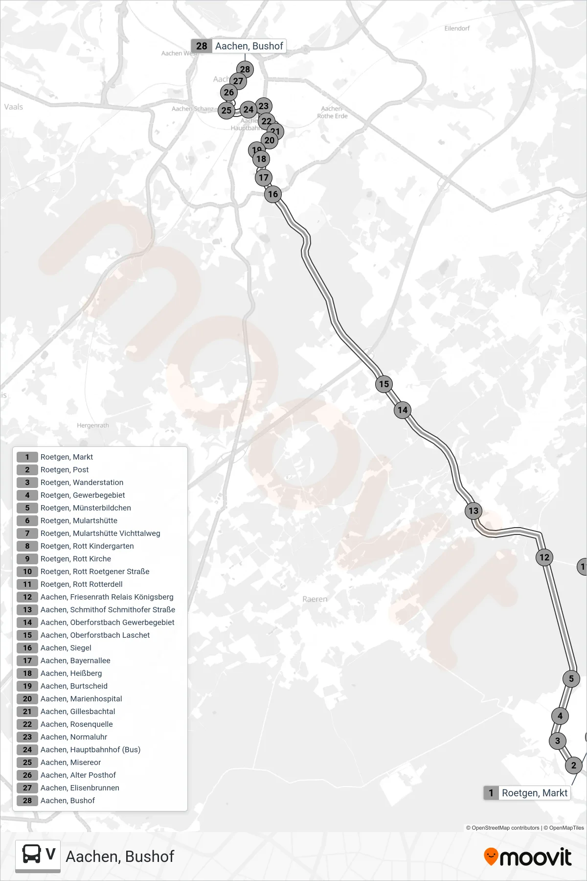 Linie V (Bus) Richtung Aachen, Bushof: Route und Haltestellen auf der Karte