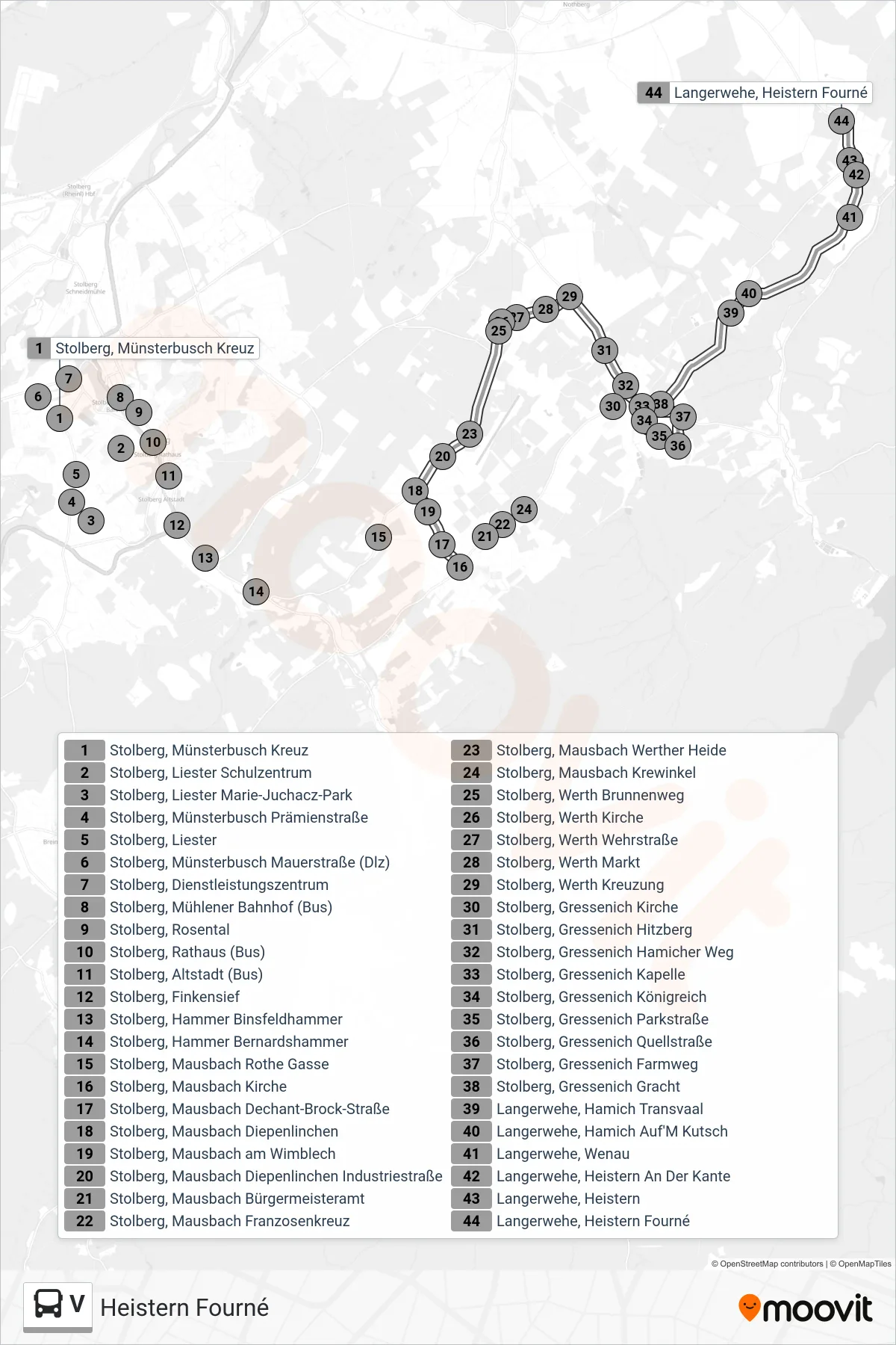 V bus Line (Heistern Fourné) route and stops on a map