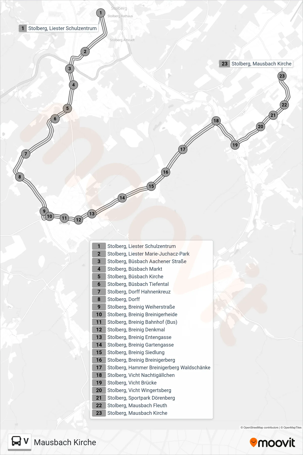 Linie V (Bus) Richtung Mausbach Kirche: Route und Haltestellen auf der Karte