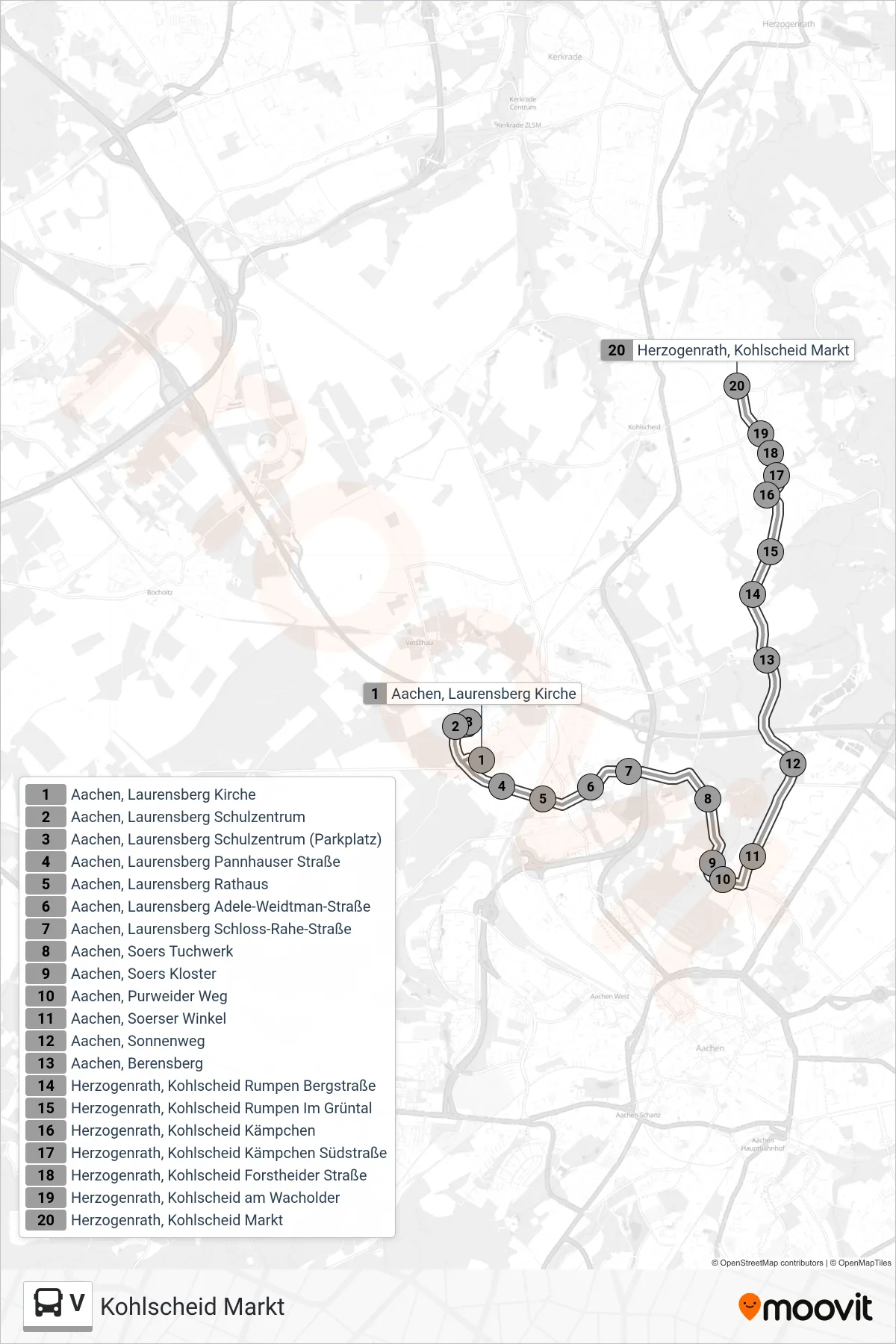 Linie V (Bus) Richtung Kohlscheid Markt: Route und Haltestellen auf der Karte