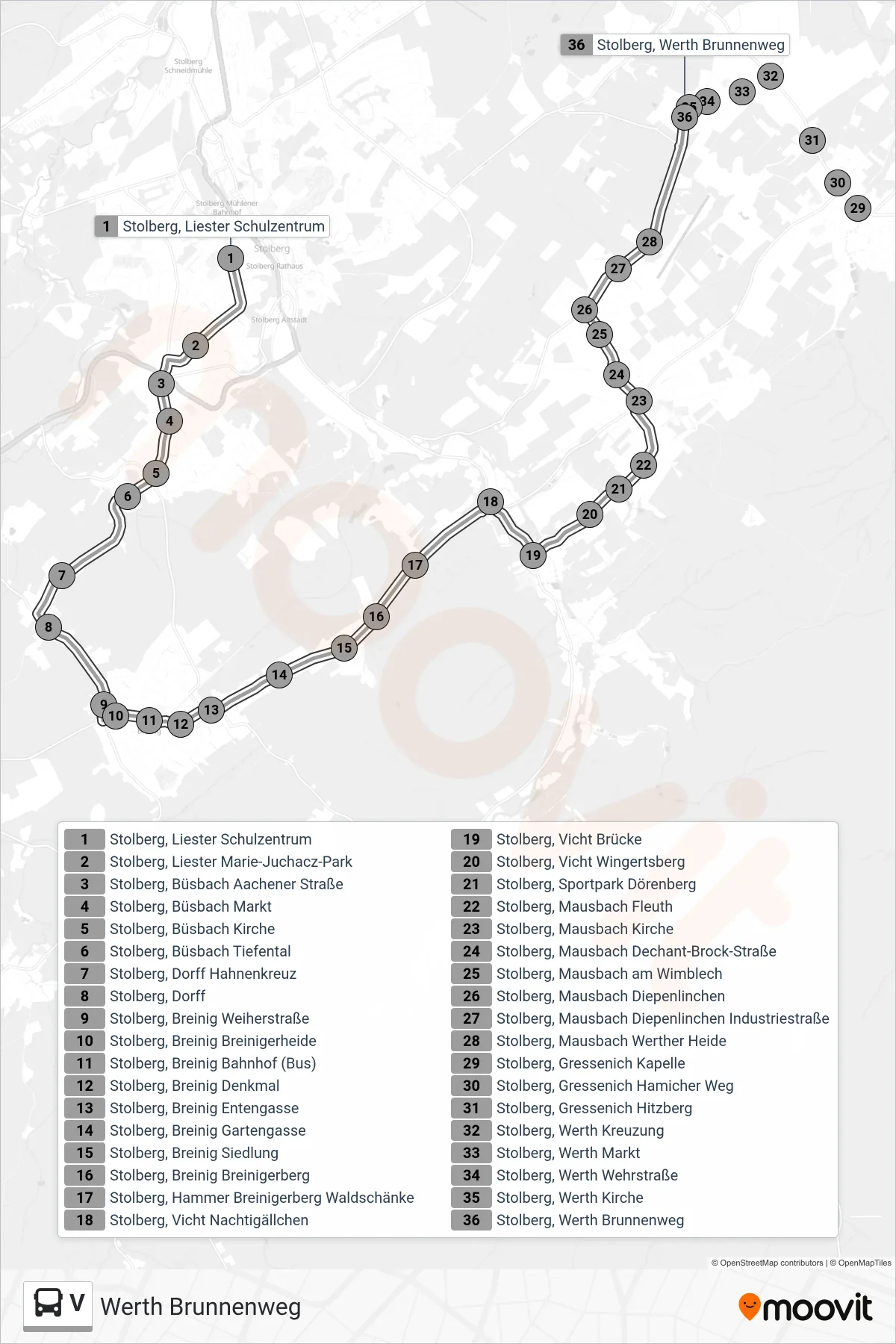 Linie V (Bus) Richtung Werth Brunnenweg: Route und Haltestellen auf der Karte