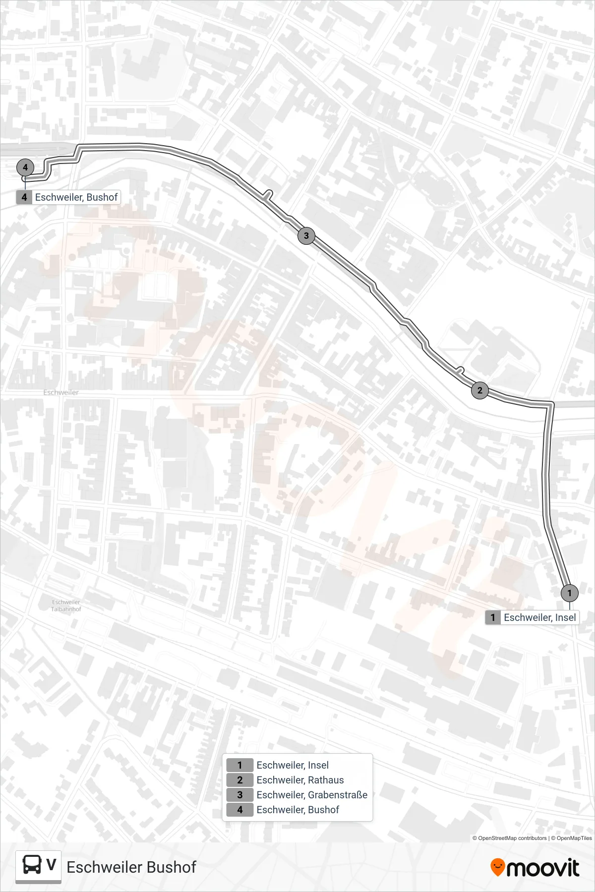 V bus Line (Eschweiler Bushof) route and stops on a map