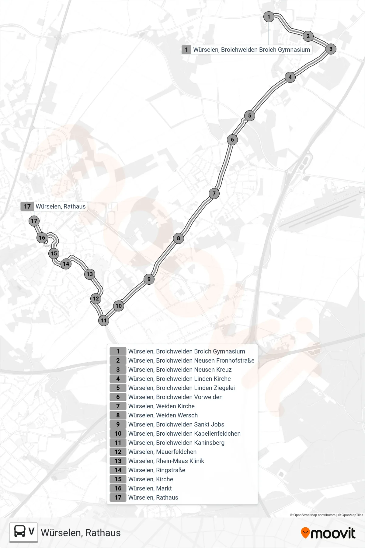 V bus Line (Würselen, Rathaus) route and stops on a map