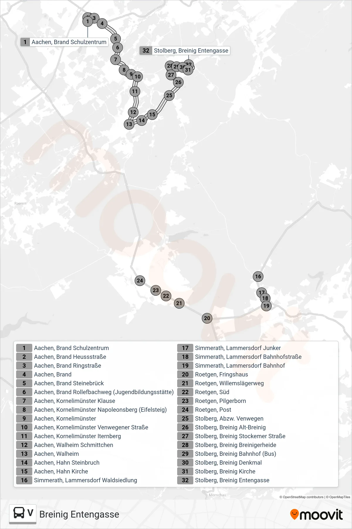 V bus Line (Breinig Entengasse) route and stops on a map