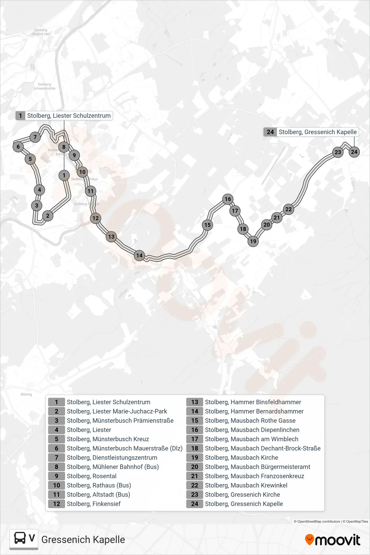 Linie V (Bus) Richtung Gressenich Kapelle: Route und Haltestellen auf der Karte