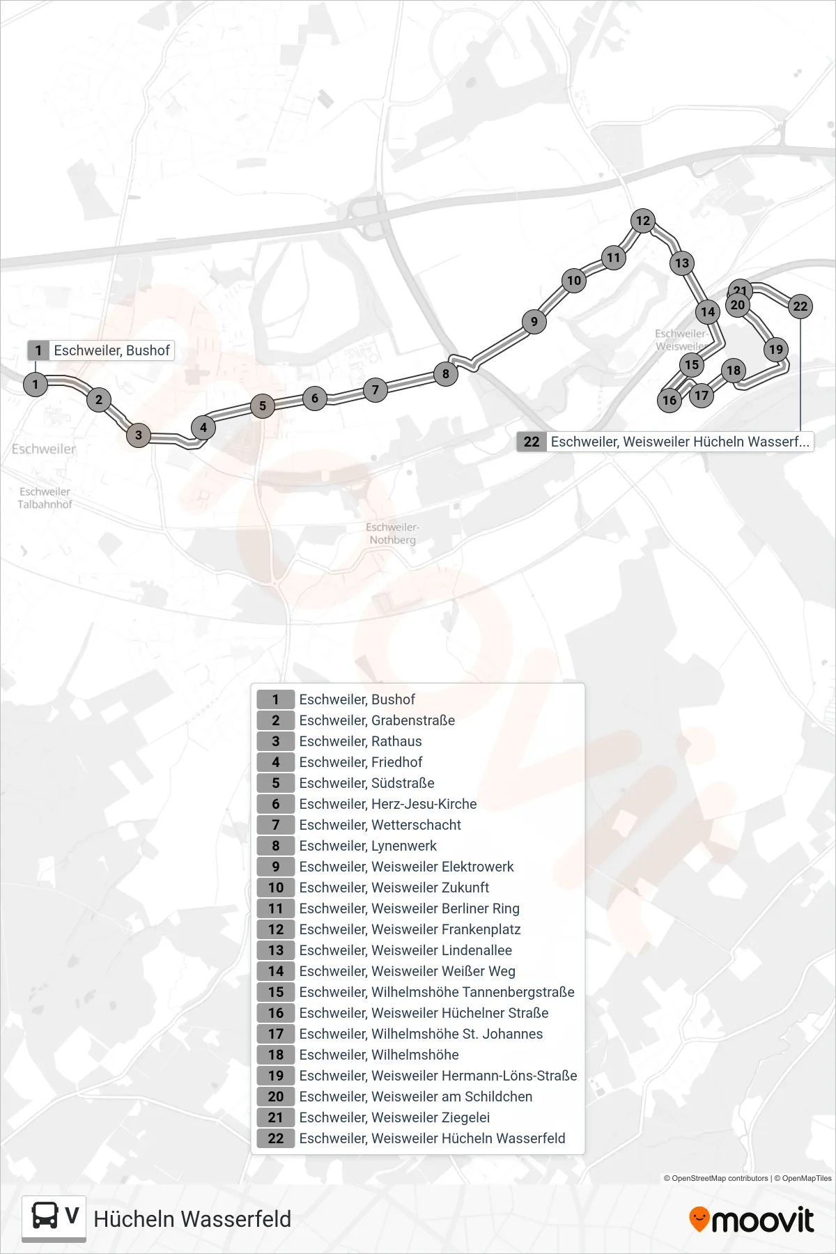 Linie V (Bus) Richtung Hücheln Wasserfeld: Route und Haltestellen auf der Karte