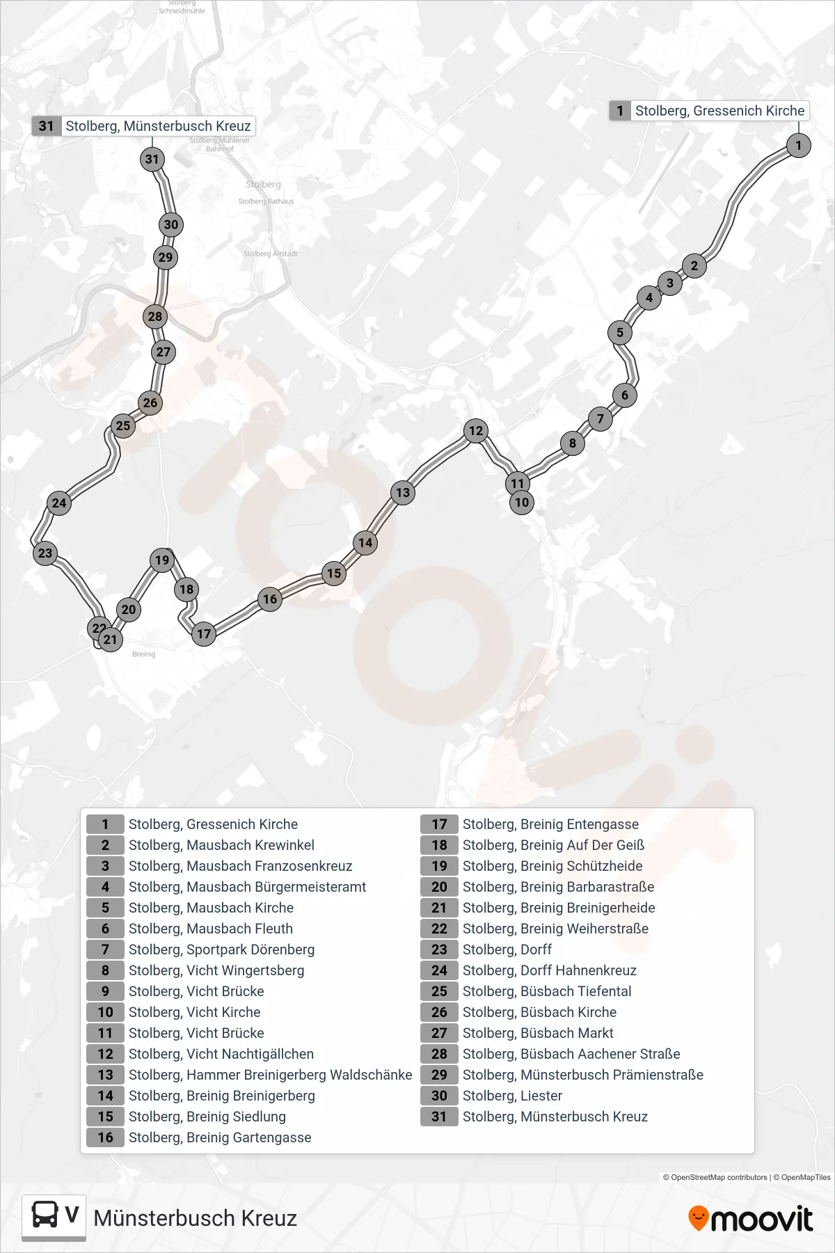 Linie V (Bus) Richtung Münsterbusch Kreuz: Route und Haltestellen auf der Karte