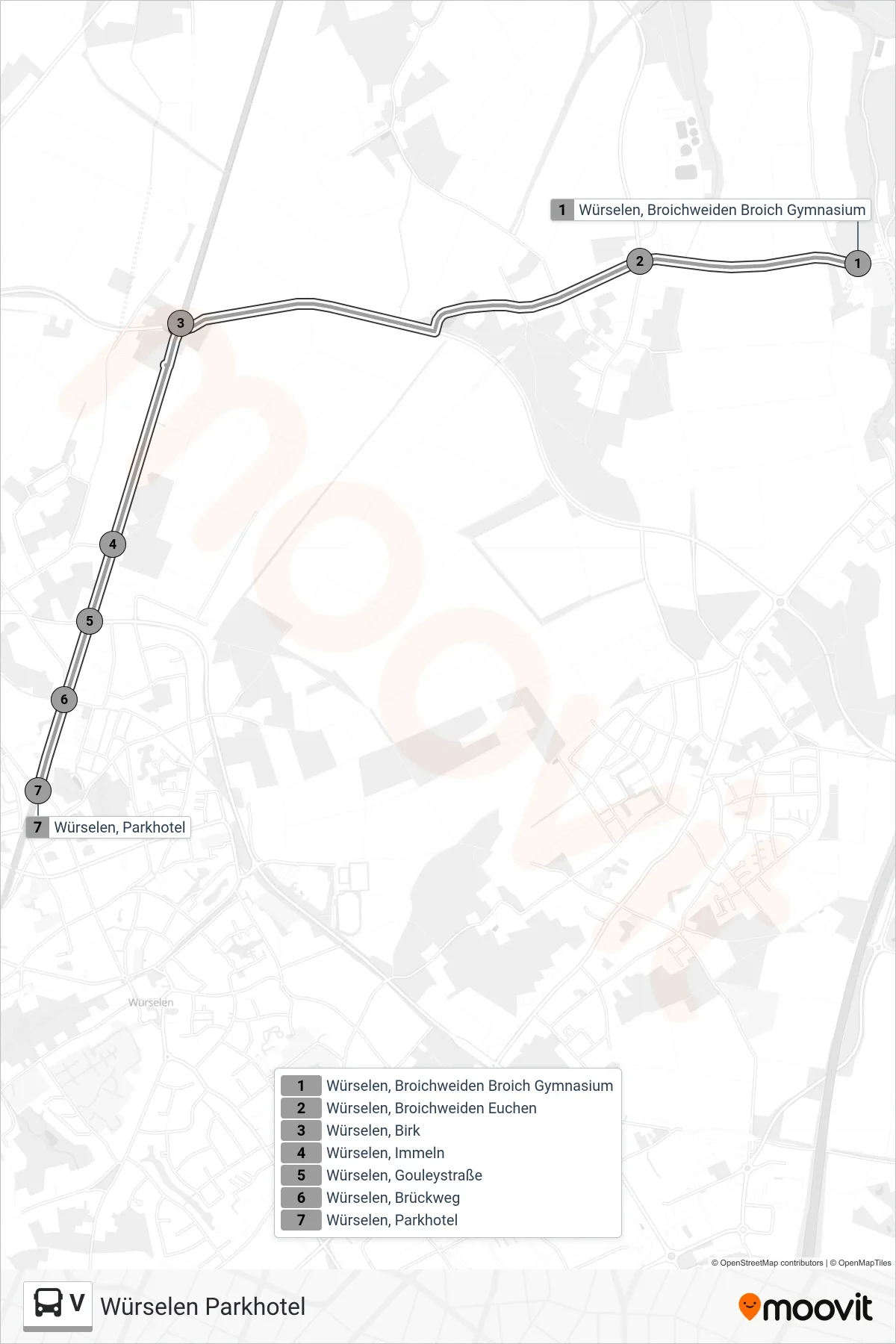 V bus Line (Würselen Parkhotel) route and stops on a map