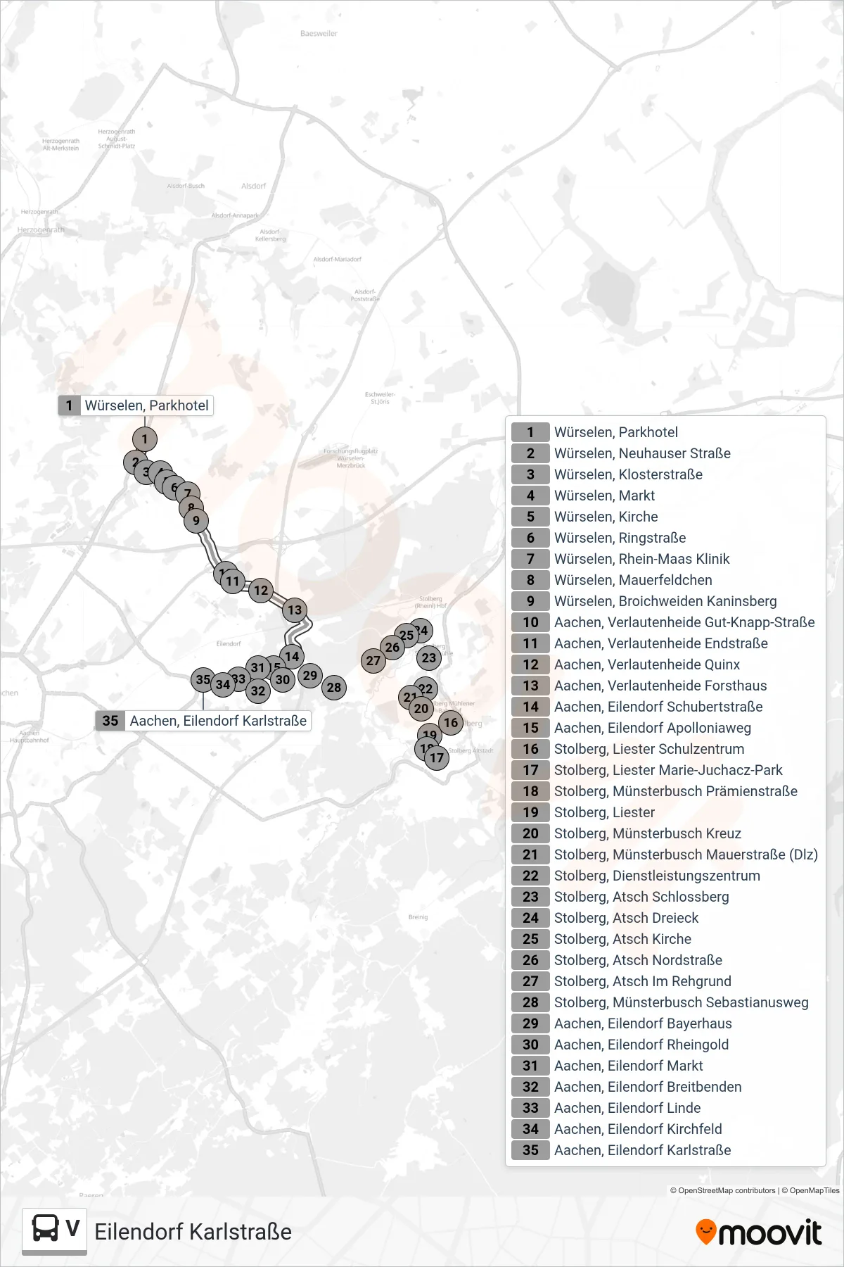 V bus Line (Eilendorf Karlstraße) route and stops on a map