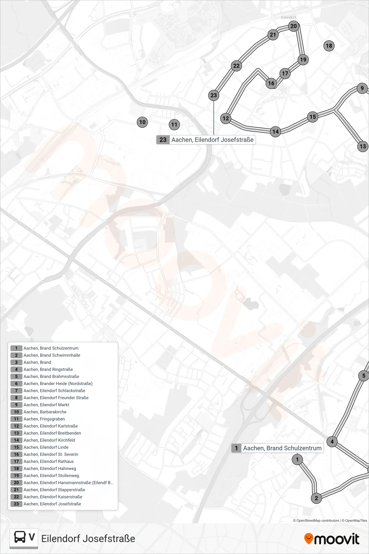 V bus Line (Eilendorf Josefstraße) route and stops on a map