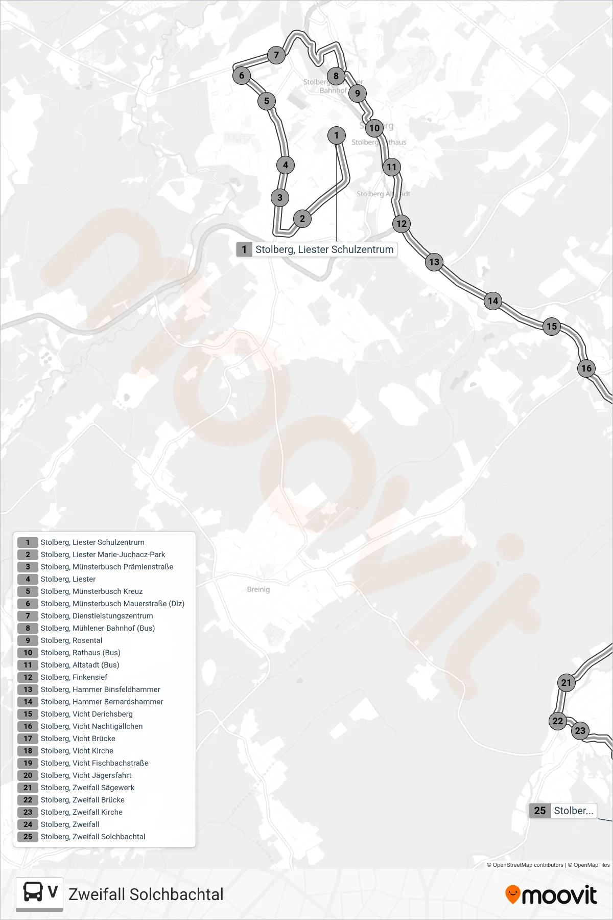 V bus Line (Zweifall Solchbachtal) route and stops on a map