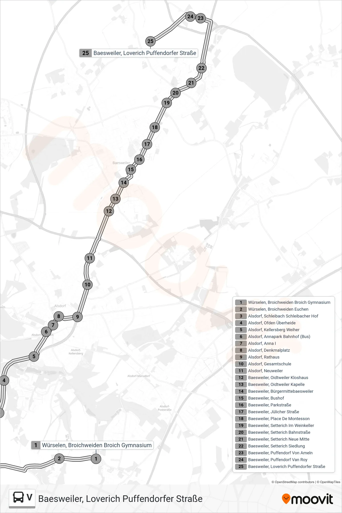 V bus Line (Baesweiler, Loverich Puffendorfer Straße) route and stops on a map