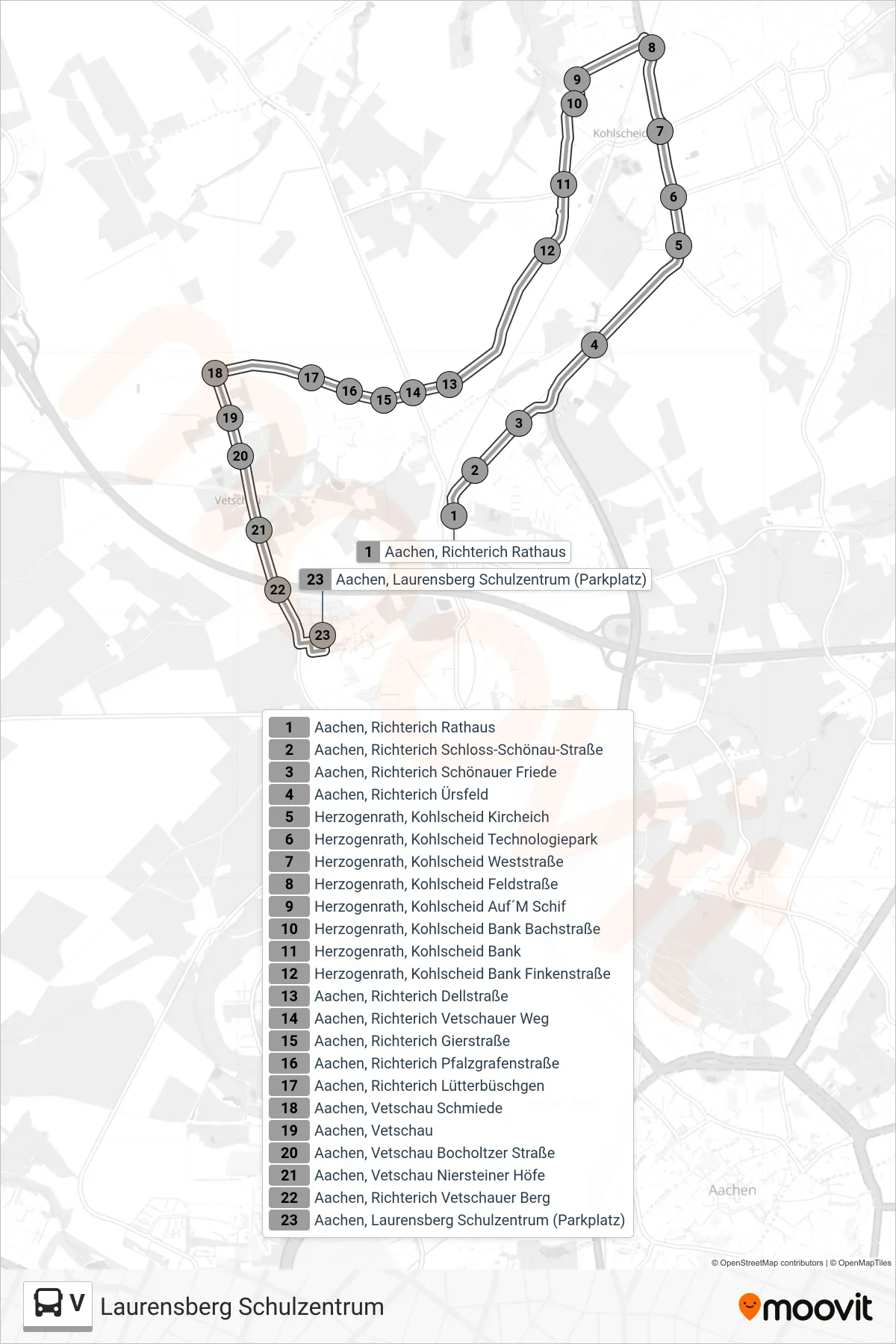 Linie V (Bus) Richtung Laurensberg Schulzentrum: Route und Haltestellen auf der Karte