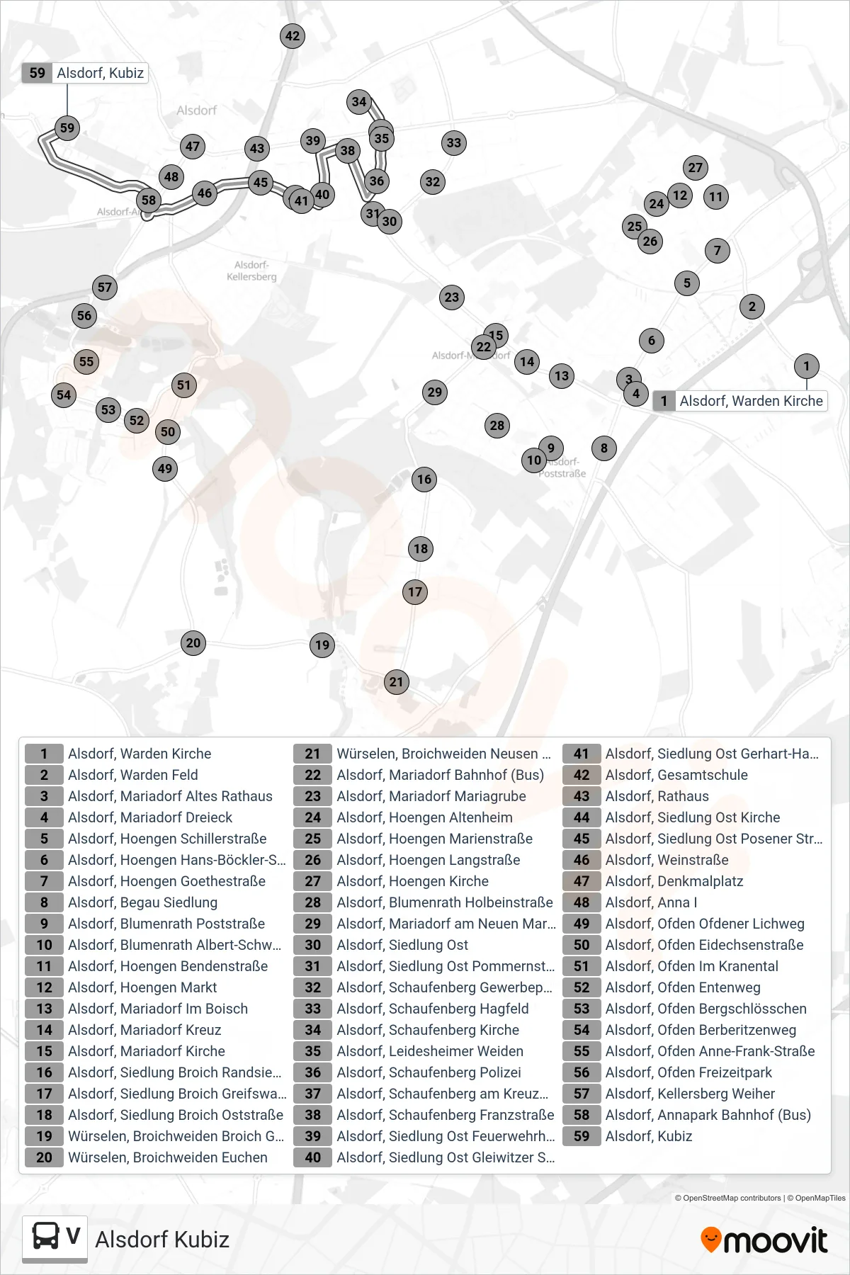 V bus Line (Alsdorf Kubiz) route and stops on a map