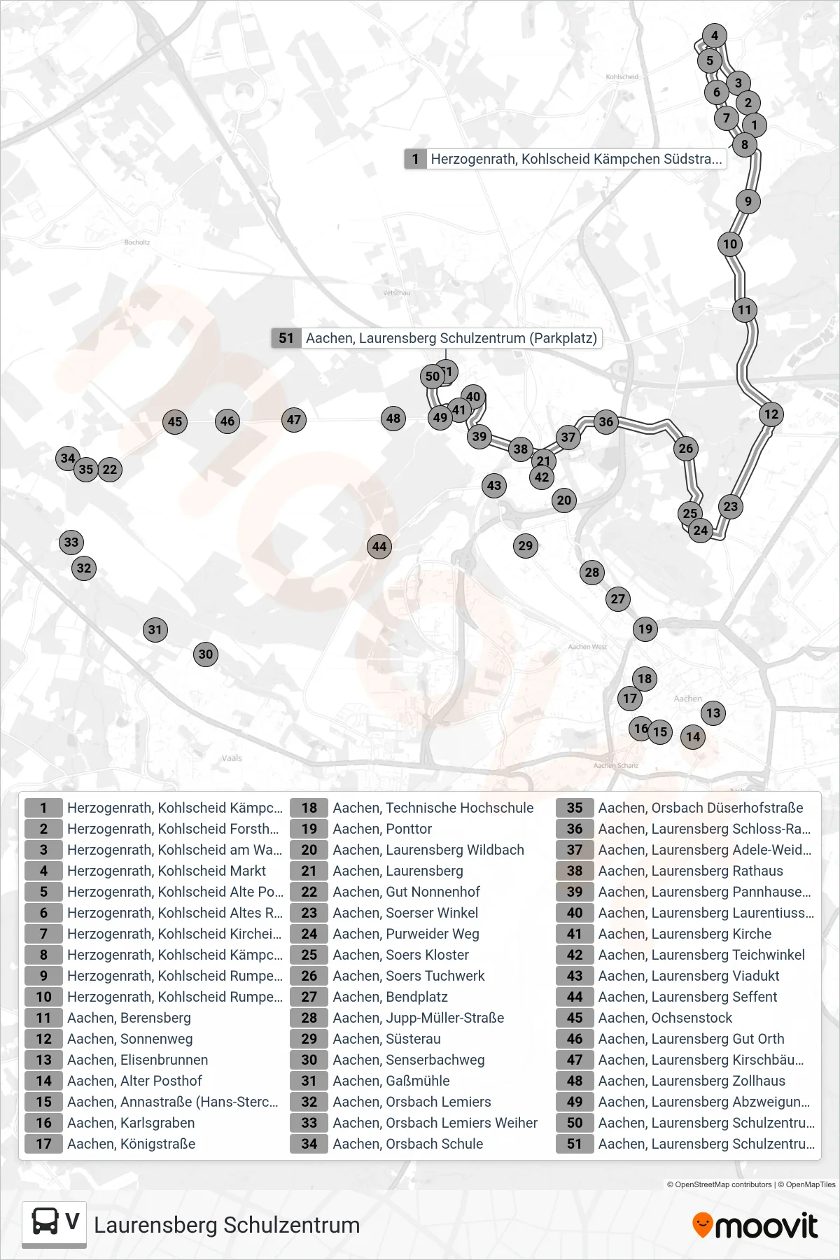 V bus Line (Laurensberg Schulzentrum) route and stops on a map