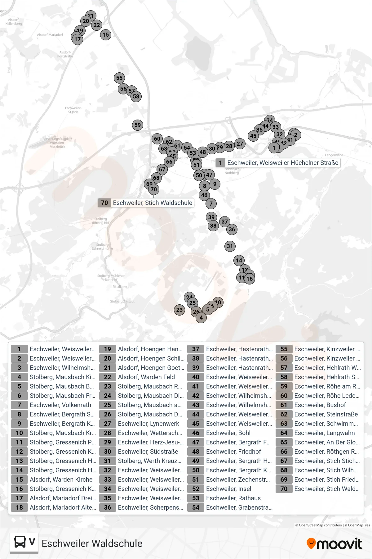 V bus Line (Eschweiler Waldschule) route and stops on a map