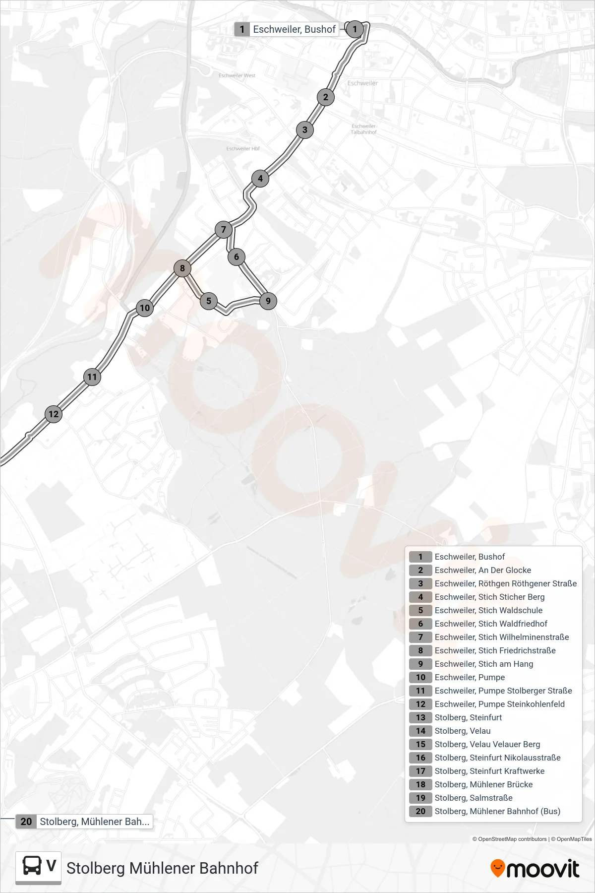 Linie V (Bus) Richtung Stolberg Mühlener Bahnhof: Route und Haltestellen auf der Karte