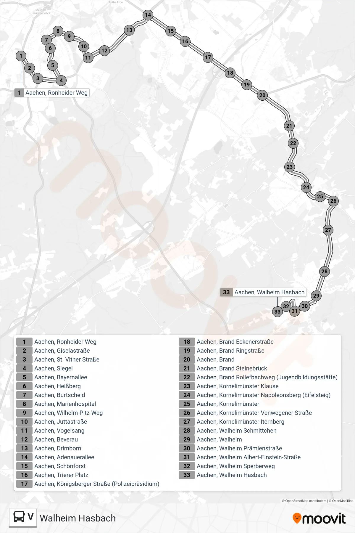 V bus Line (Walheim Hasbach) route and stops on a map
