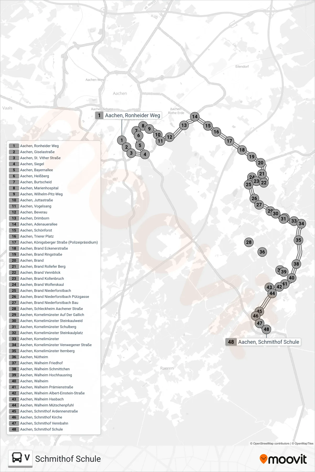 V bus Line (Schmithof Schule) route and stops on a map