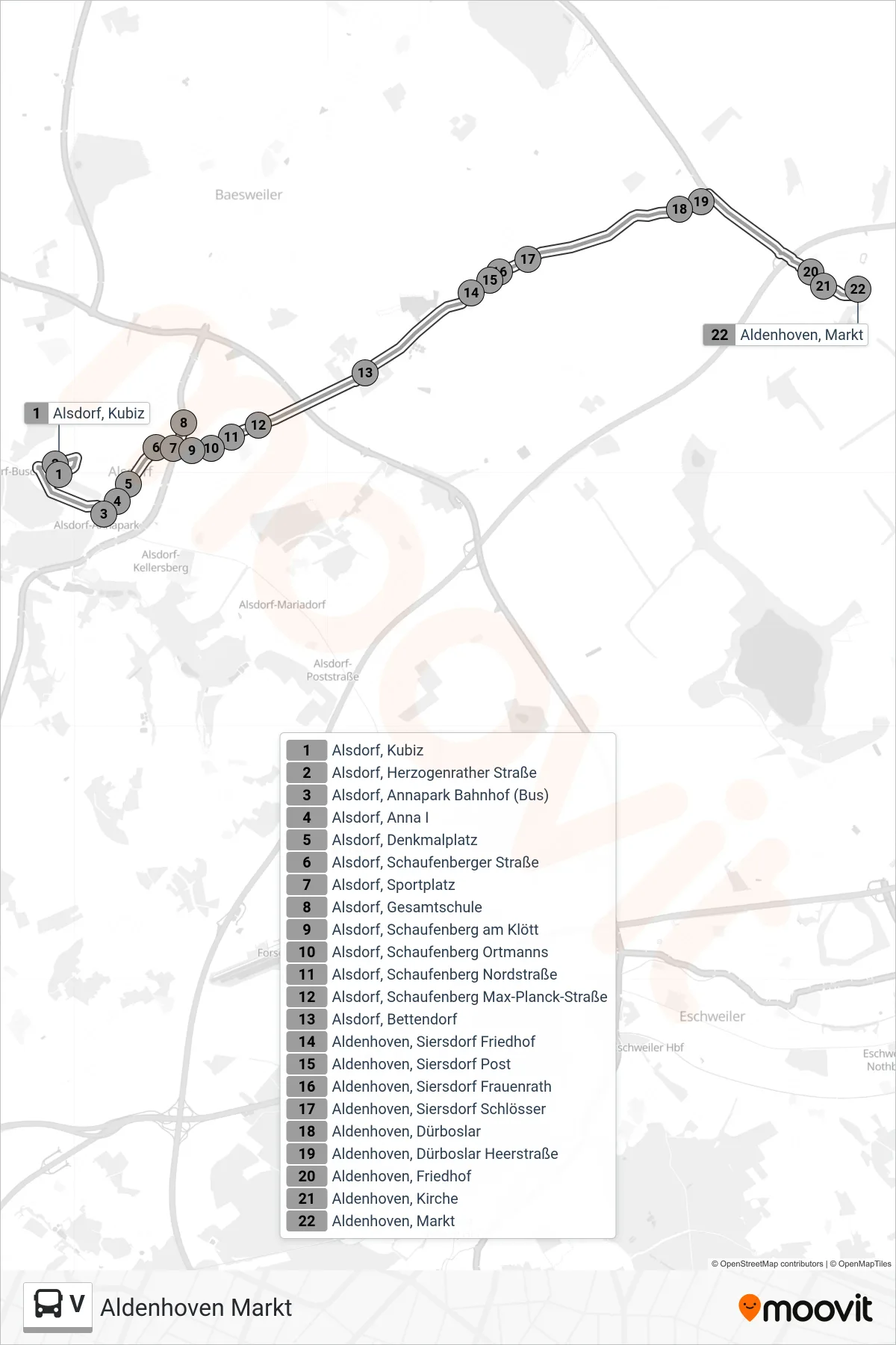 V bus Line (Aldenhoven Markt) route and stops on a map