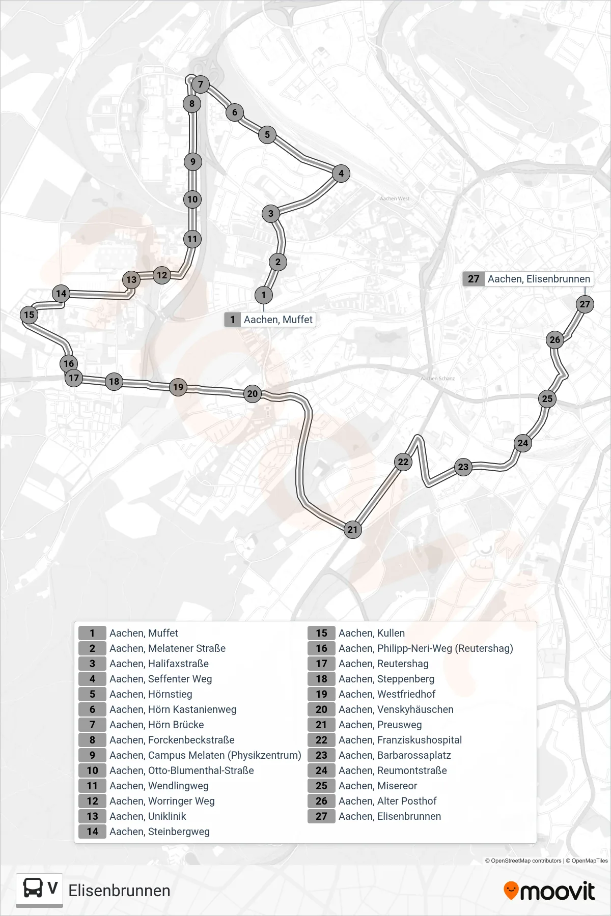 Linie V (Bus) Richtung Elisenbrunnen: Route und Haltestellen auf der Karte