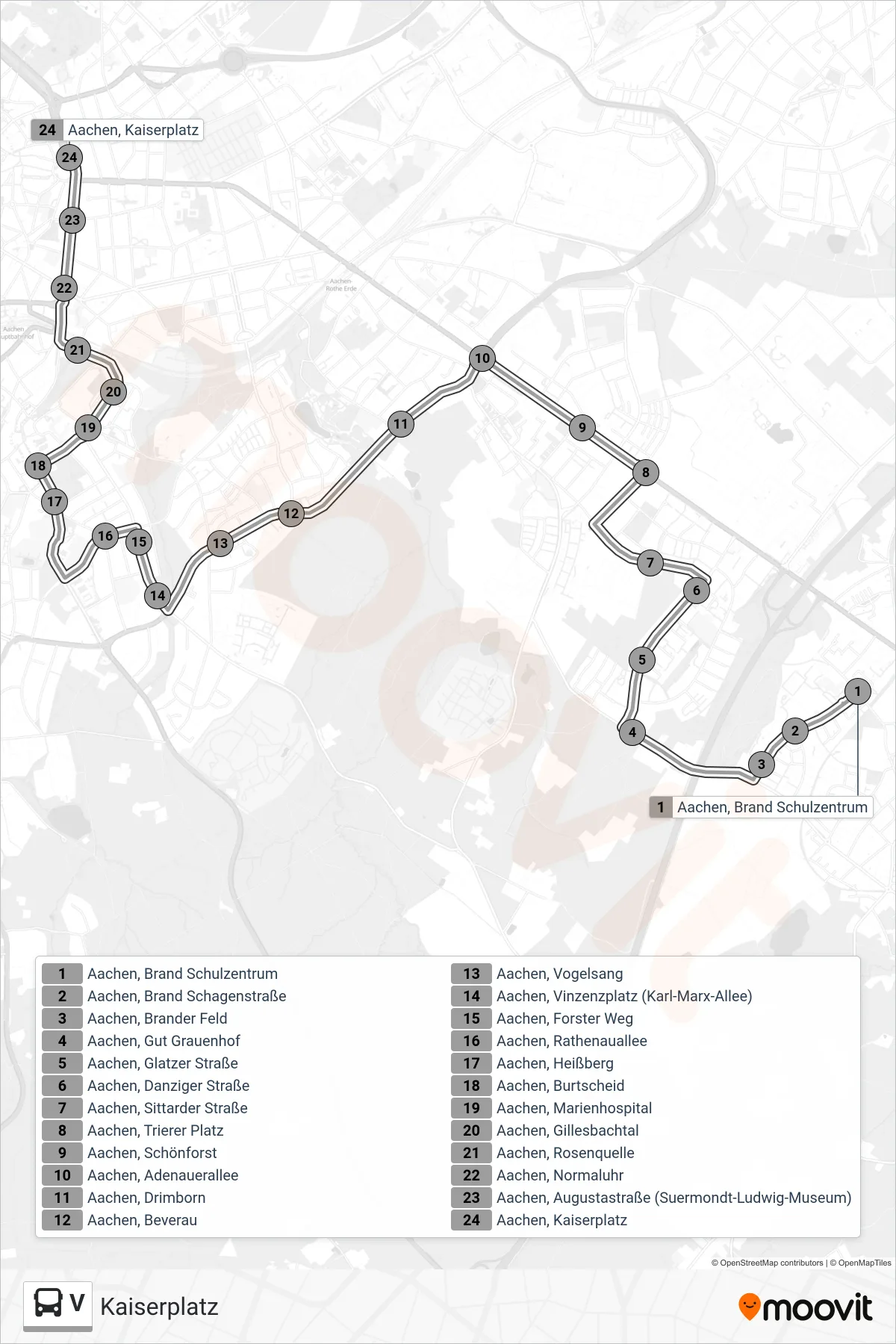 Linie V (Bus) Richtung Kaiserplatz: Route und Haltestellen auf der Karte