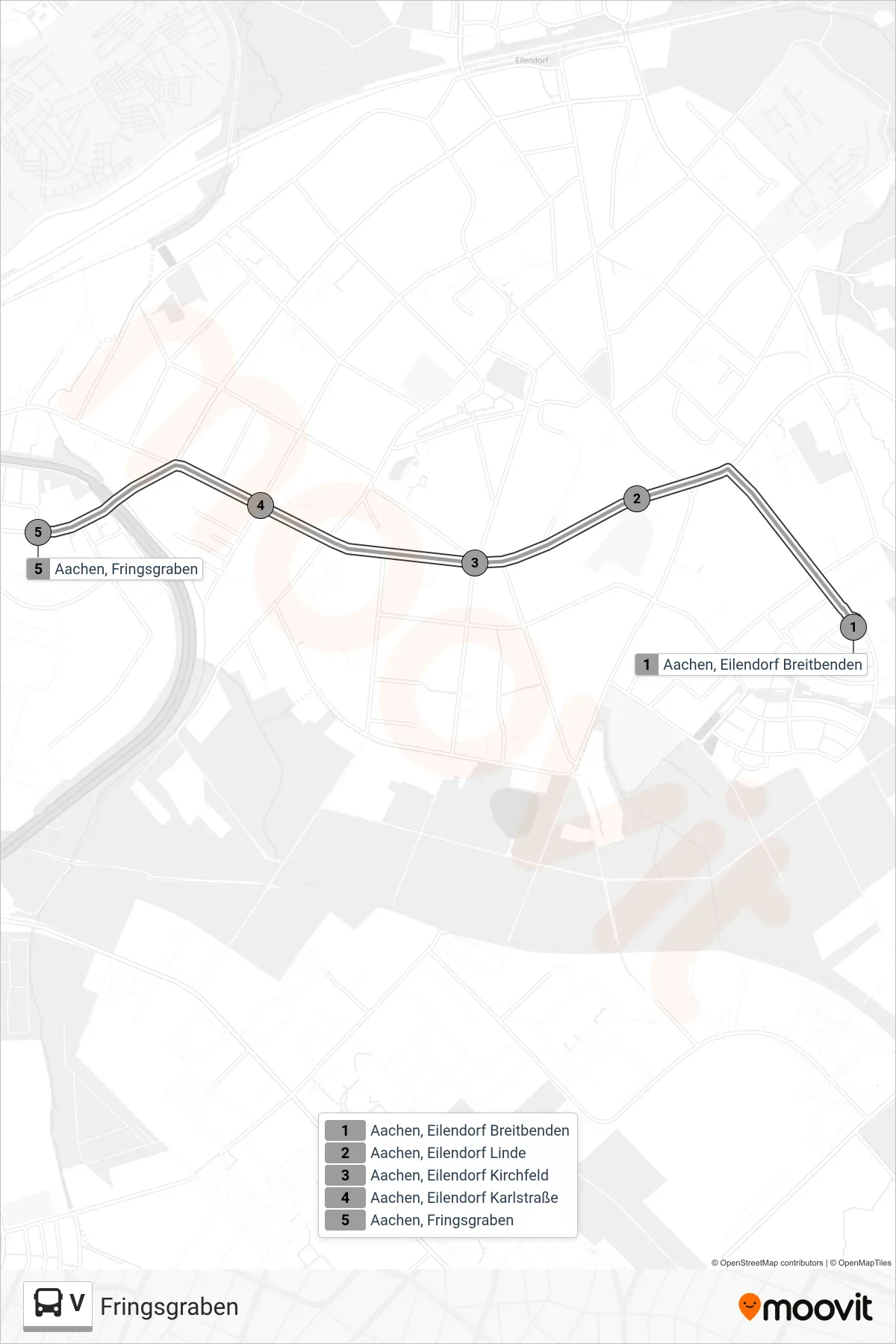 V bus Line (Fringsgraben) route and stops on a map