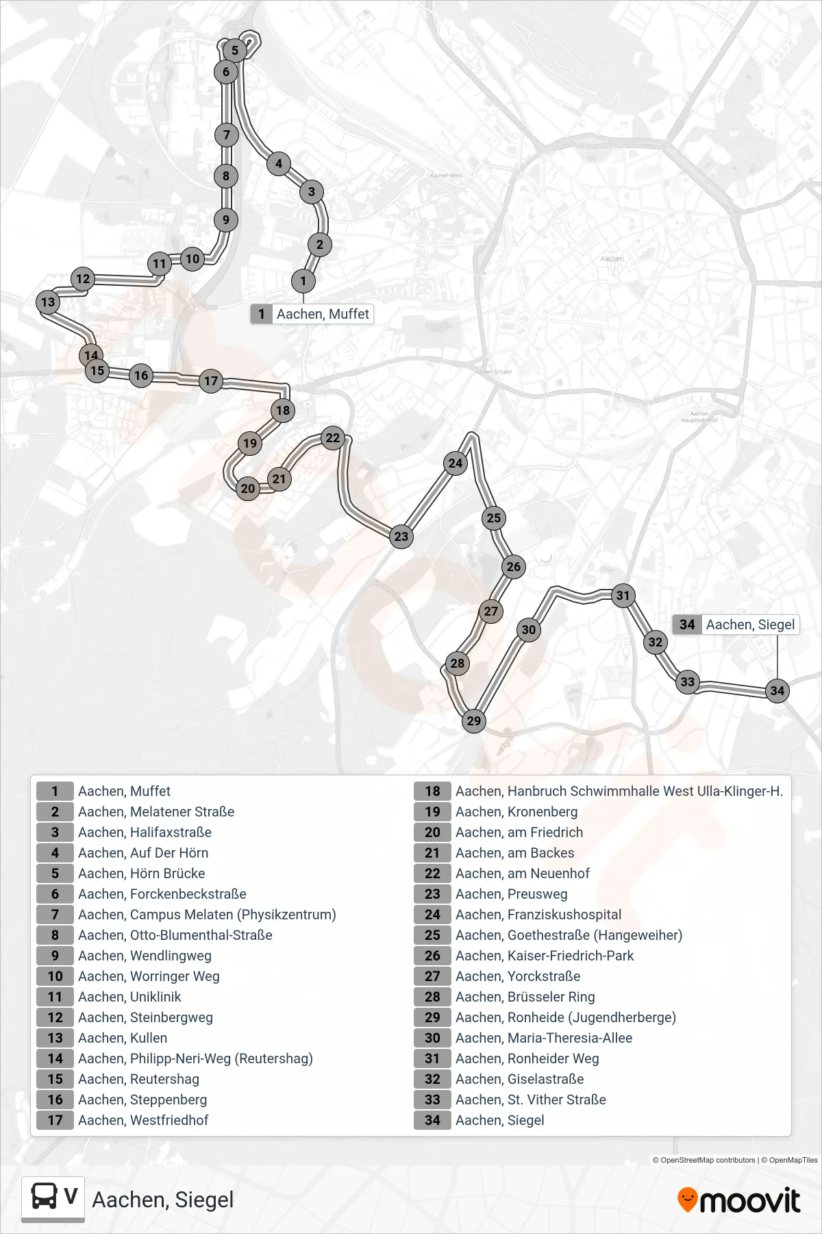V bus Line (Aachen, Siegel) route and stops on a map