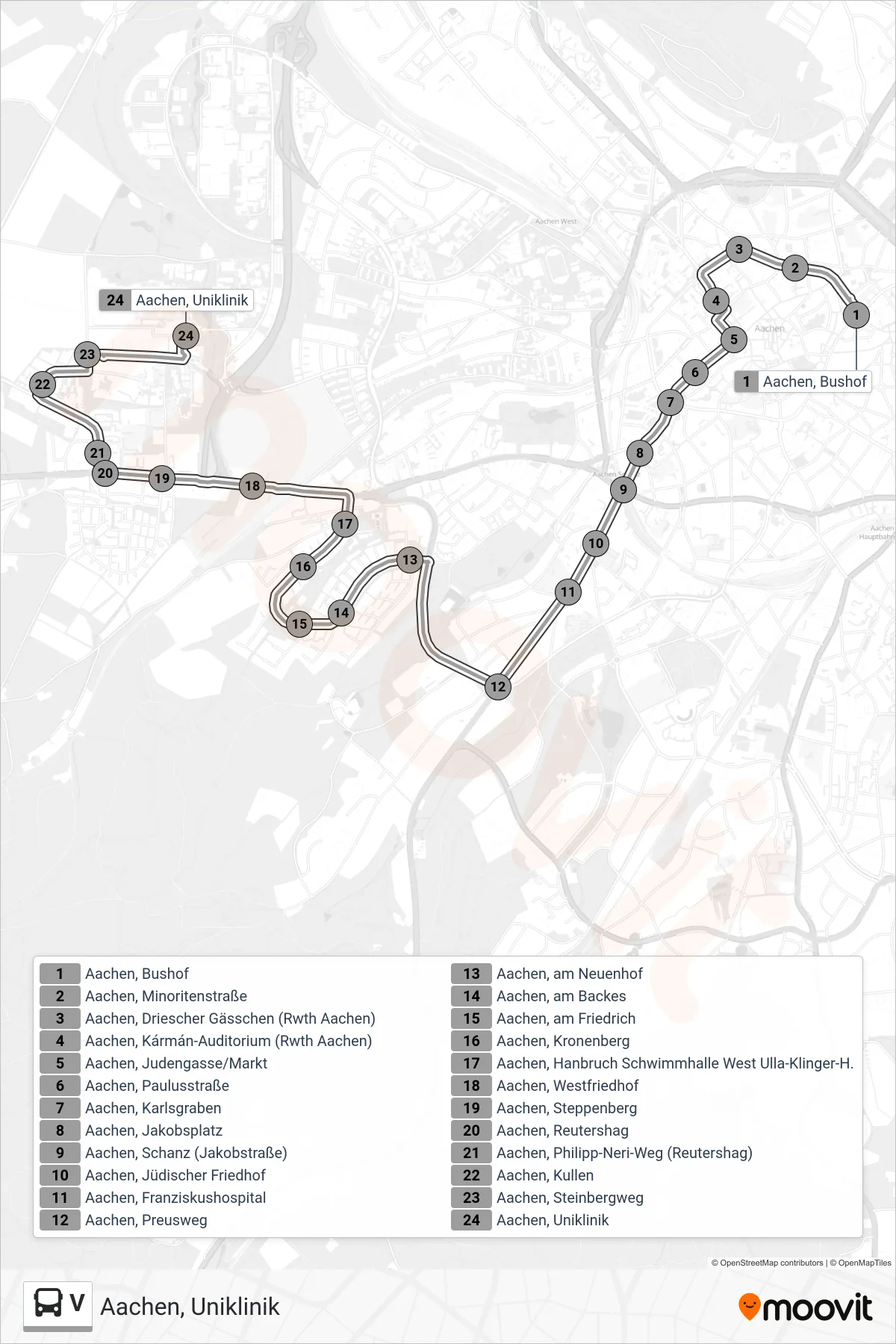 Linie V (Bus) Richtung Aachen, Uniklinik: Route und Haltestellen auf der Karte