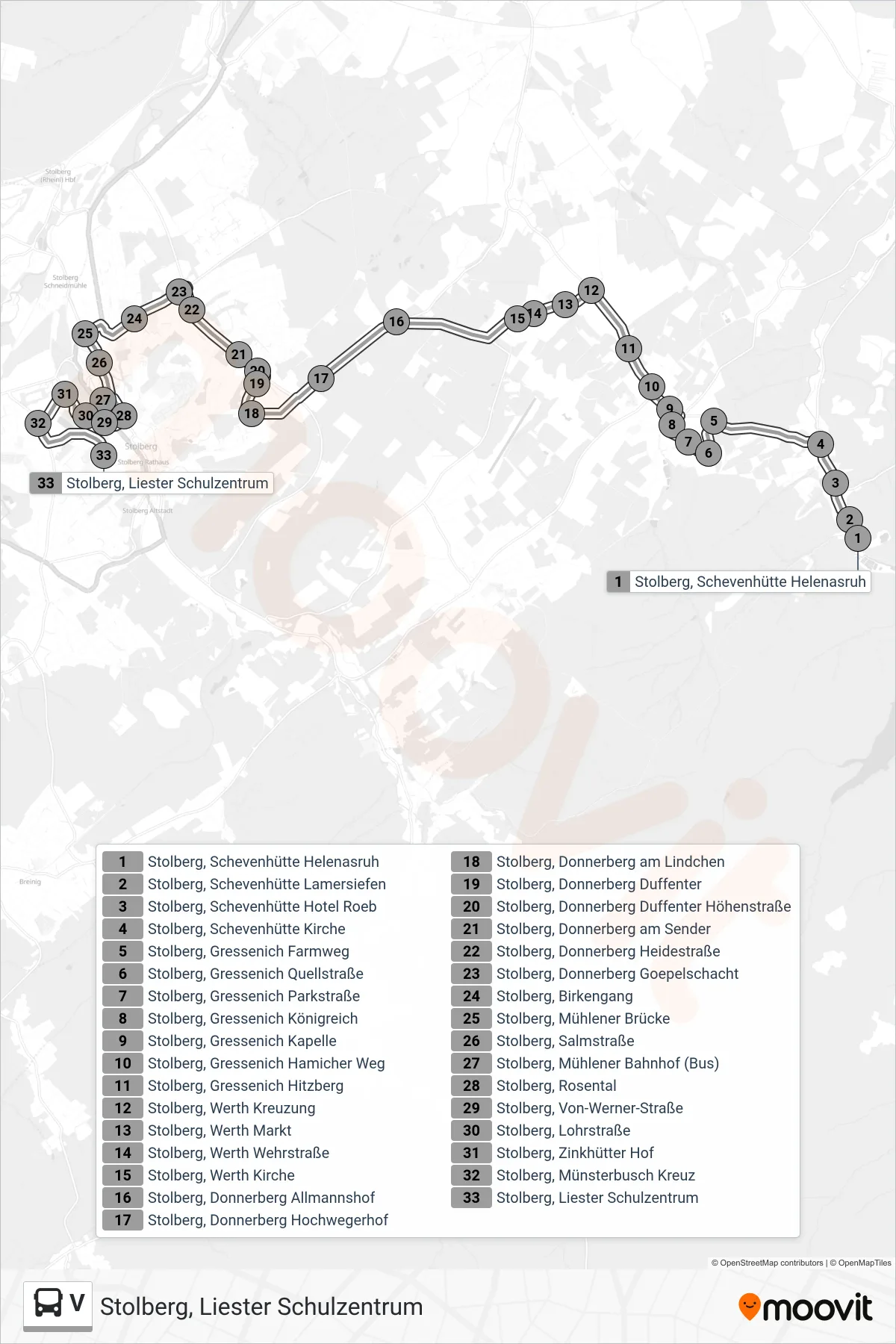 Linie V (Bus) Richtung Stolberg, Liester Schulzentrum: Route und Haltestellen auf der Karte